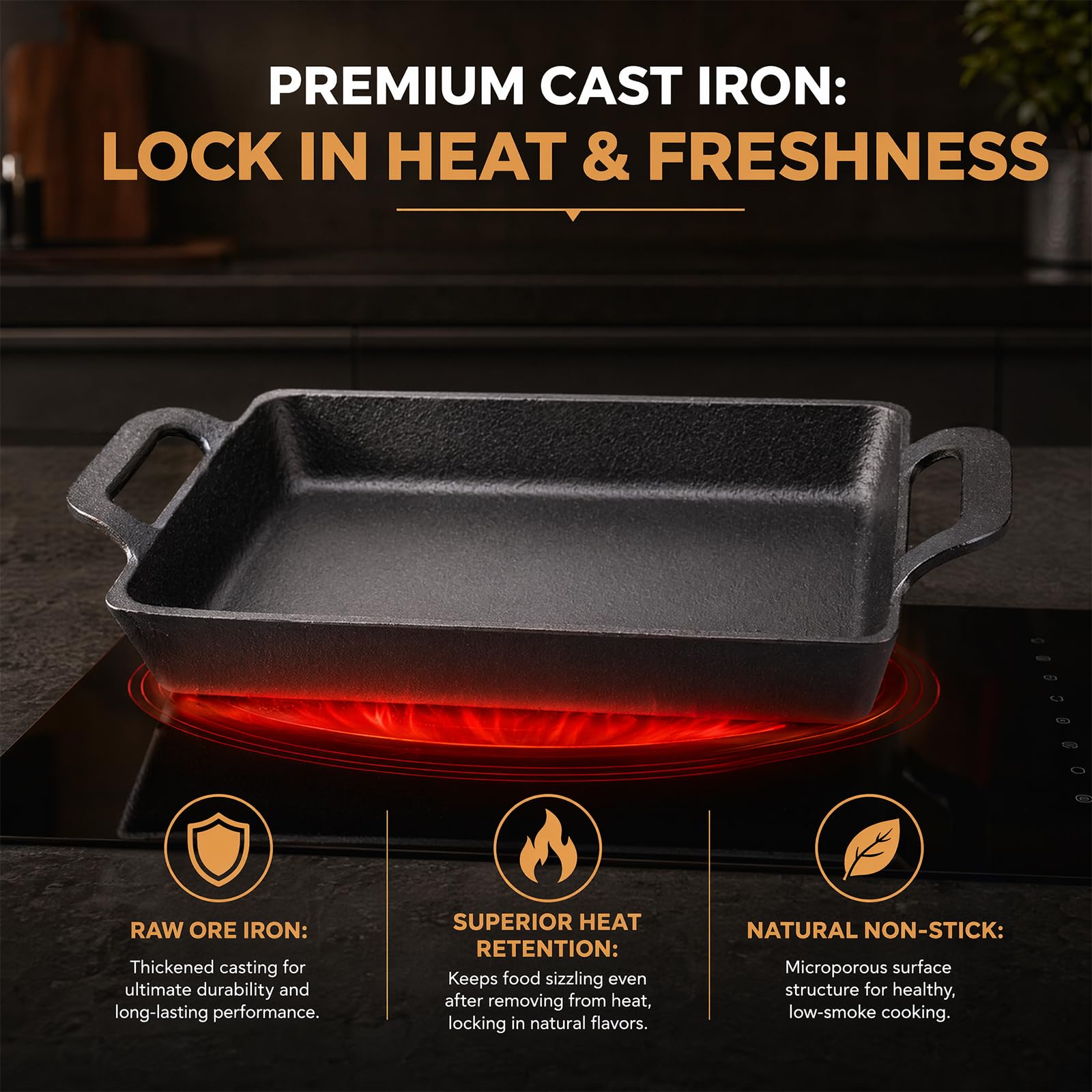FARYODI Padella in ghisa a induzione, 24 x 17 cm, per bistecca per forno, barbecue a gas, griglia a carbonella, rettangolare con 2 manici, adatta per forno a induzione a gas, ceramica e campeggio