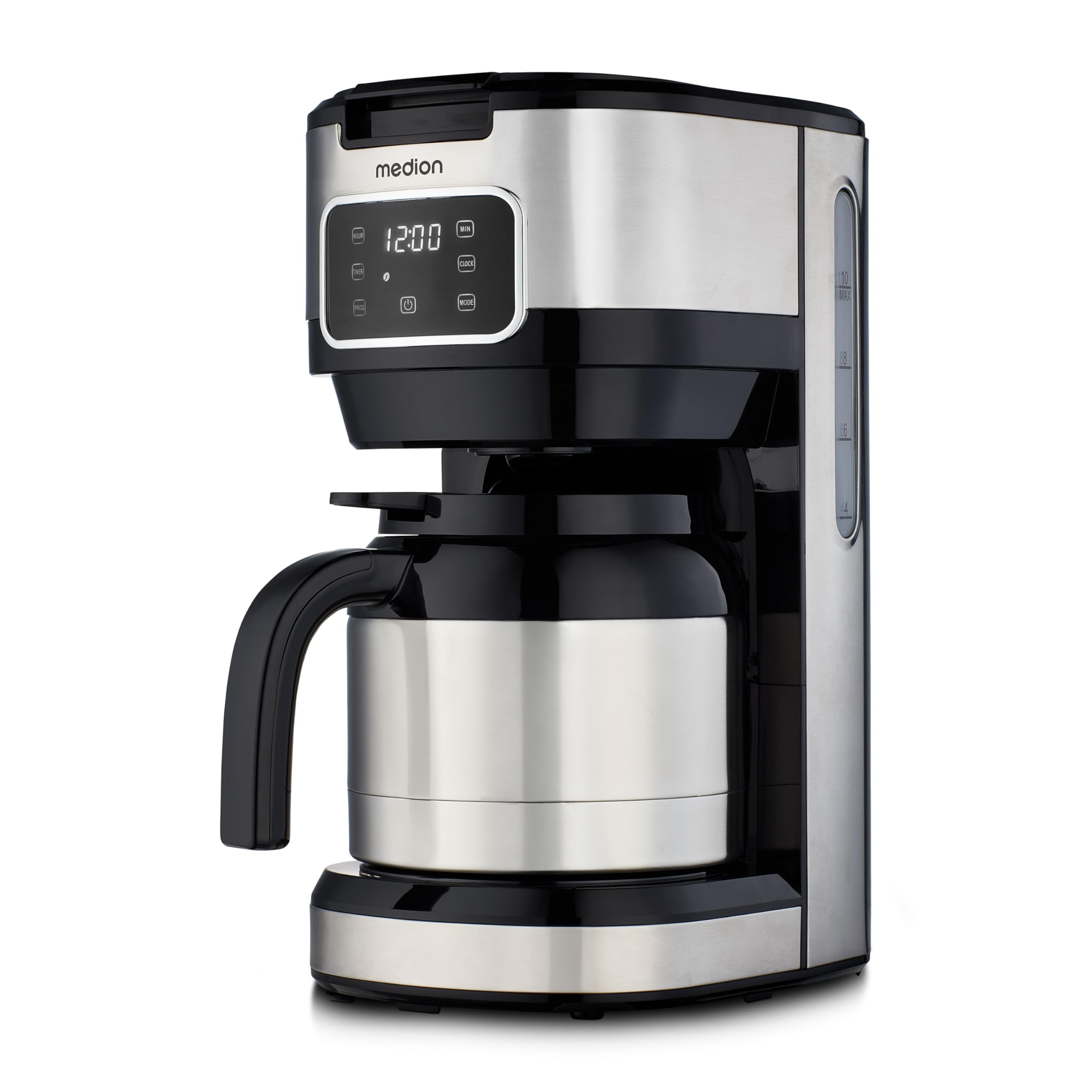 MEDION Machine à café avec thermos et minuterie (machine à café filtre, 10 tasses, 1,25 litre, 900 watts, minuterie, anti-goutte, écran, MD11019) acier inoxydable