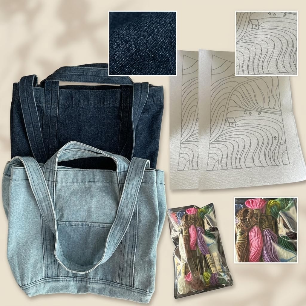 Yunmeryker Kit Ricamo Fai da Te per Principianti, Kit da Borsa in Tela con Strumenti e Istruzioni, Borsa fai da te in denim chiaro e scuro (due pezzi), senza telaio da ricamo