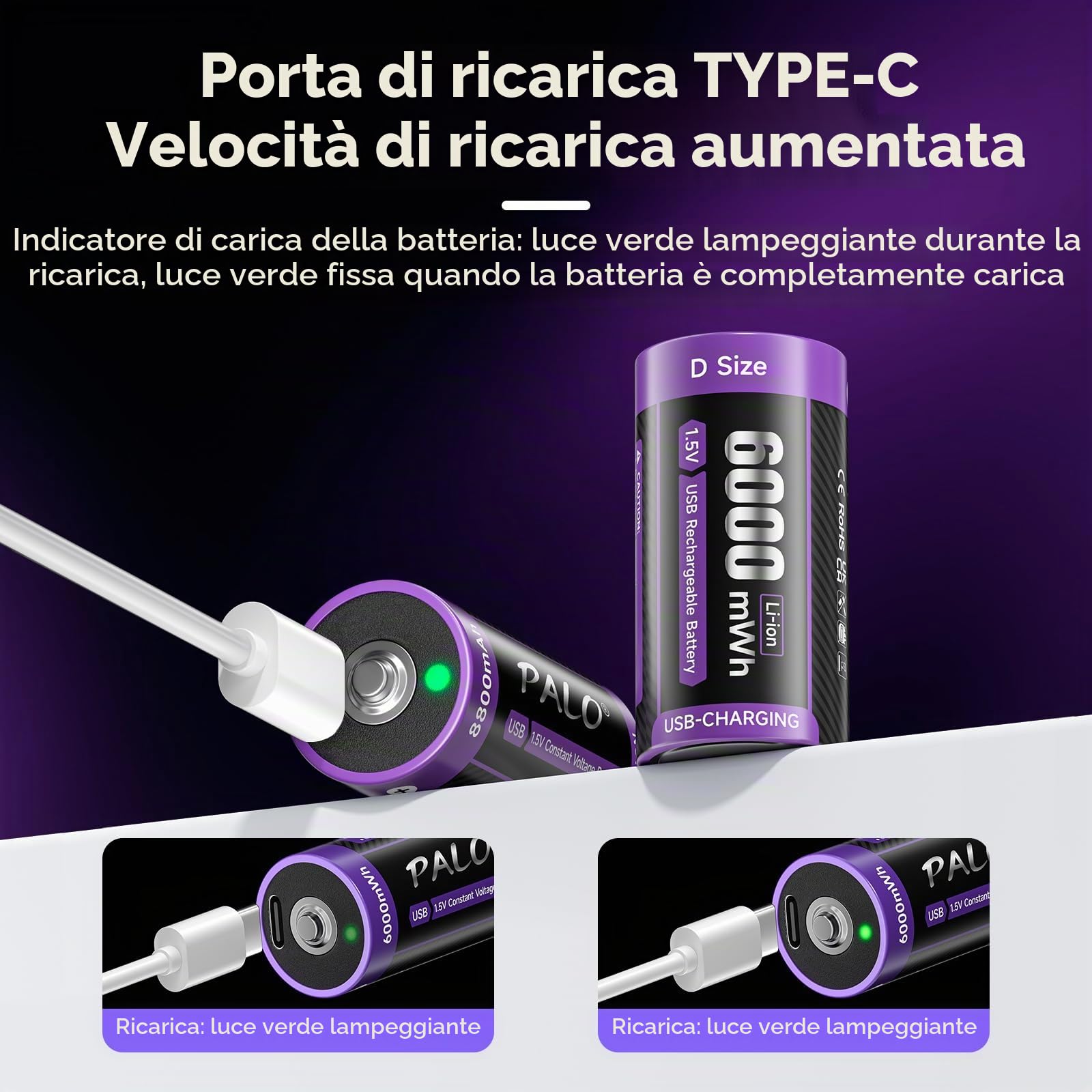 Batteria C USB-C 1,5 V Lr14 Batteria Litio 6000mWh a Ricarica Rapida Tipo C Batteria con Cavo Ricarica, Autoscarica Bassa, con Luce Ricarica, 1500+ Cicli, 6 Batterie C Ricaricabili