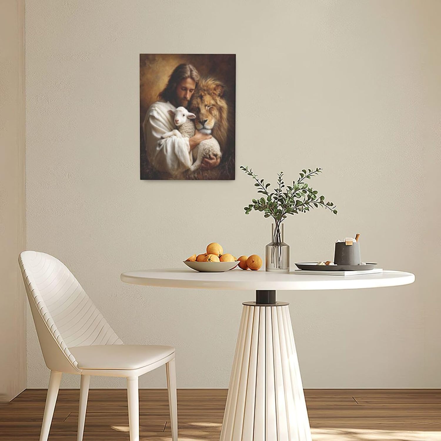 Jesus Lion Lamb Wall Art Christian Jesus Wall Decor Lion of Judah Pictures Religious God Canvas Painting Print Christ Artwork Decoration for Living Room Bedroom Church Framed Gifts 12”X16”