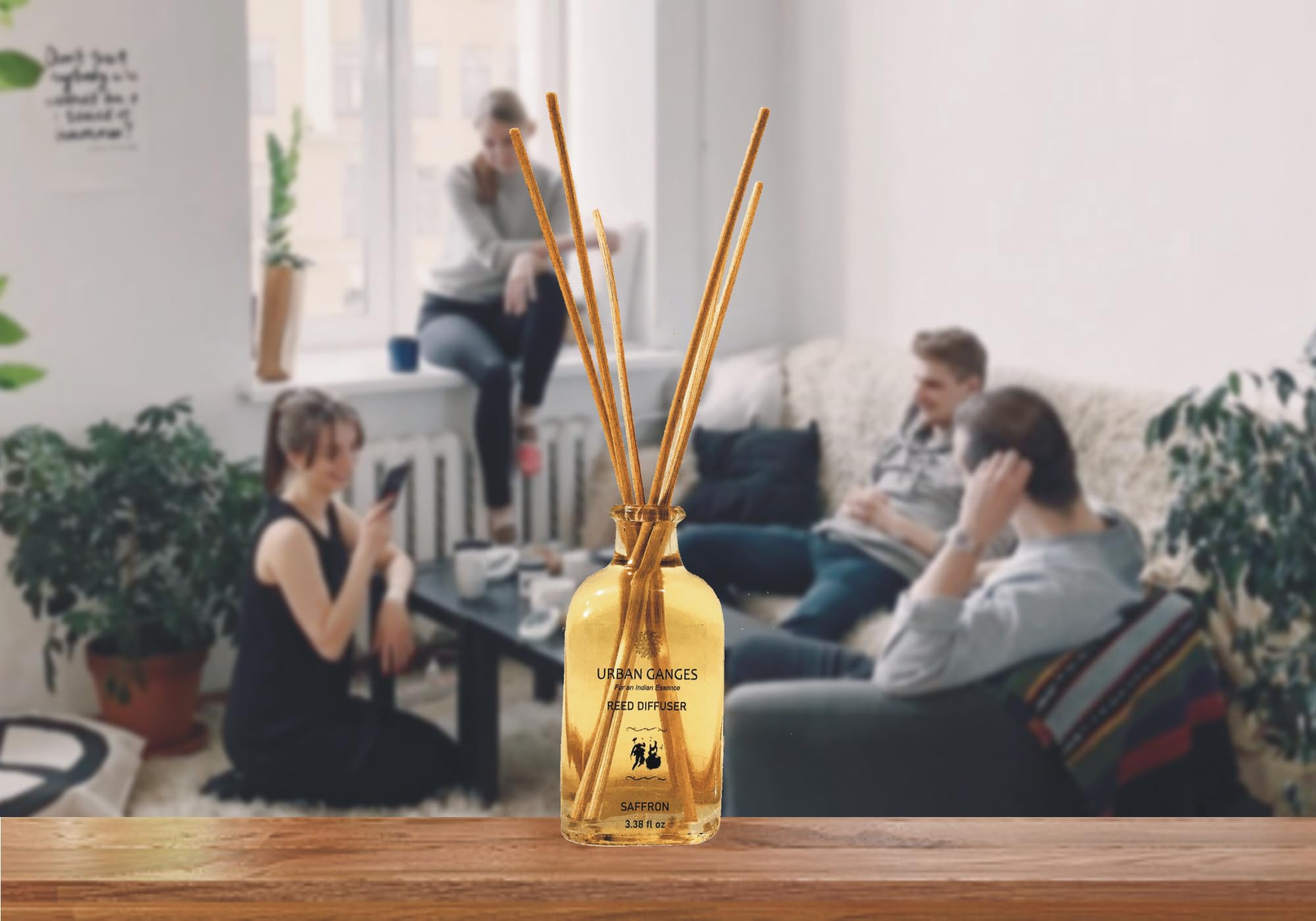 Urban Ganges Reed Diffuser | Saffron | Luxurious Reed Diffuser | Handpoured in India | Made with Kashmiri Saffron Essential Oil | 3.38 fl oz | Includes Fibre Reed Sticks