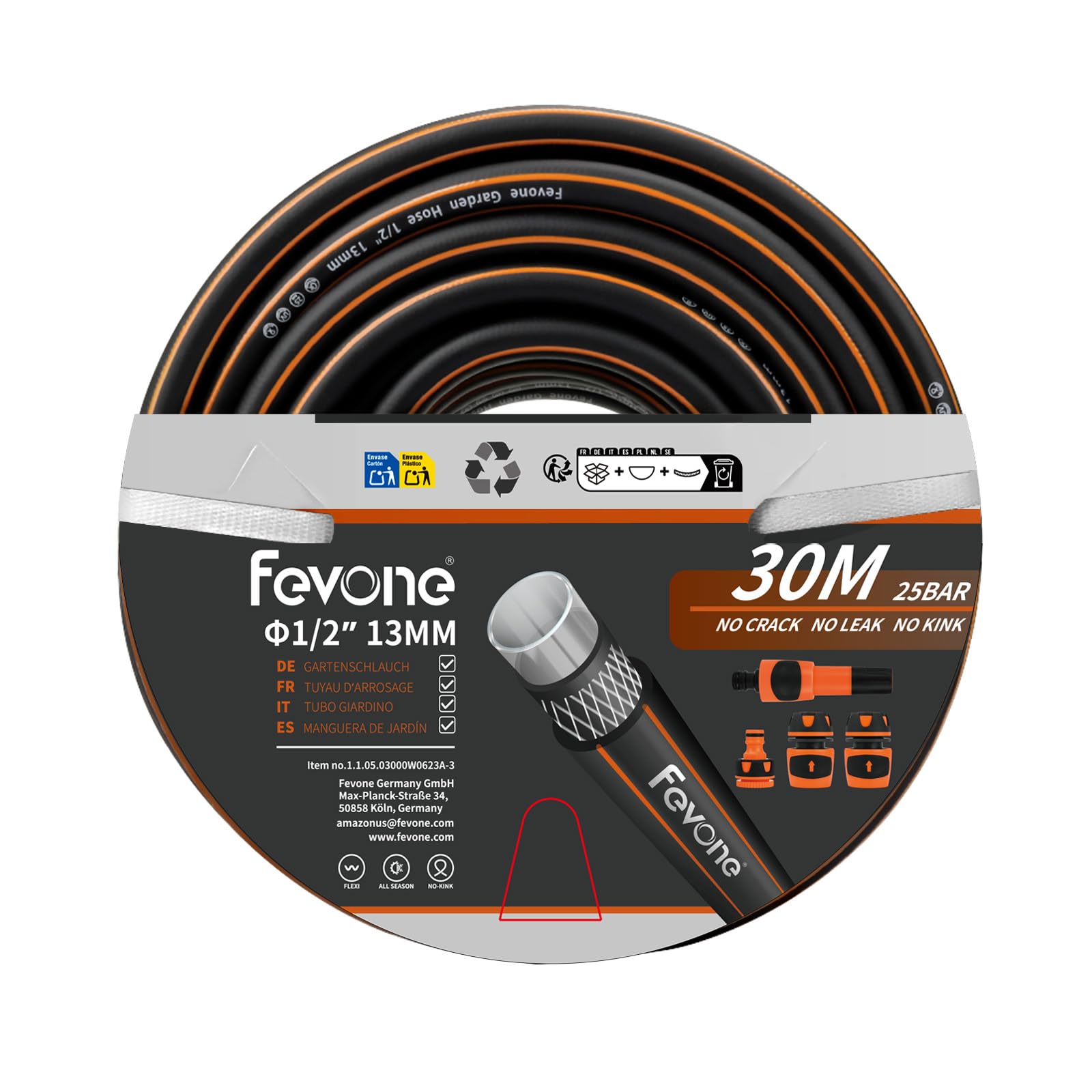 Fevone Gartenschlauch 30m 1/2 Zoll (13mm) Schlauchrohre für Garten 4ly 25 Bar Hochbelastbar Tragbar Außen Kompressor Schlauchleitung Flexibel Robust Gurtbar Schwarz/Orange mit Zubehör