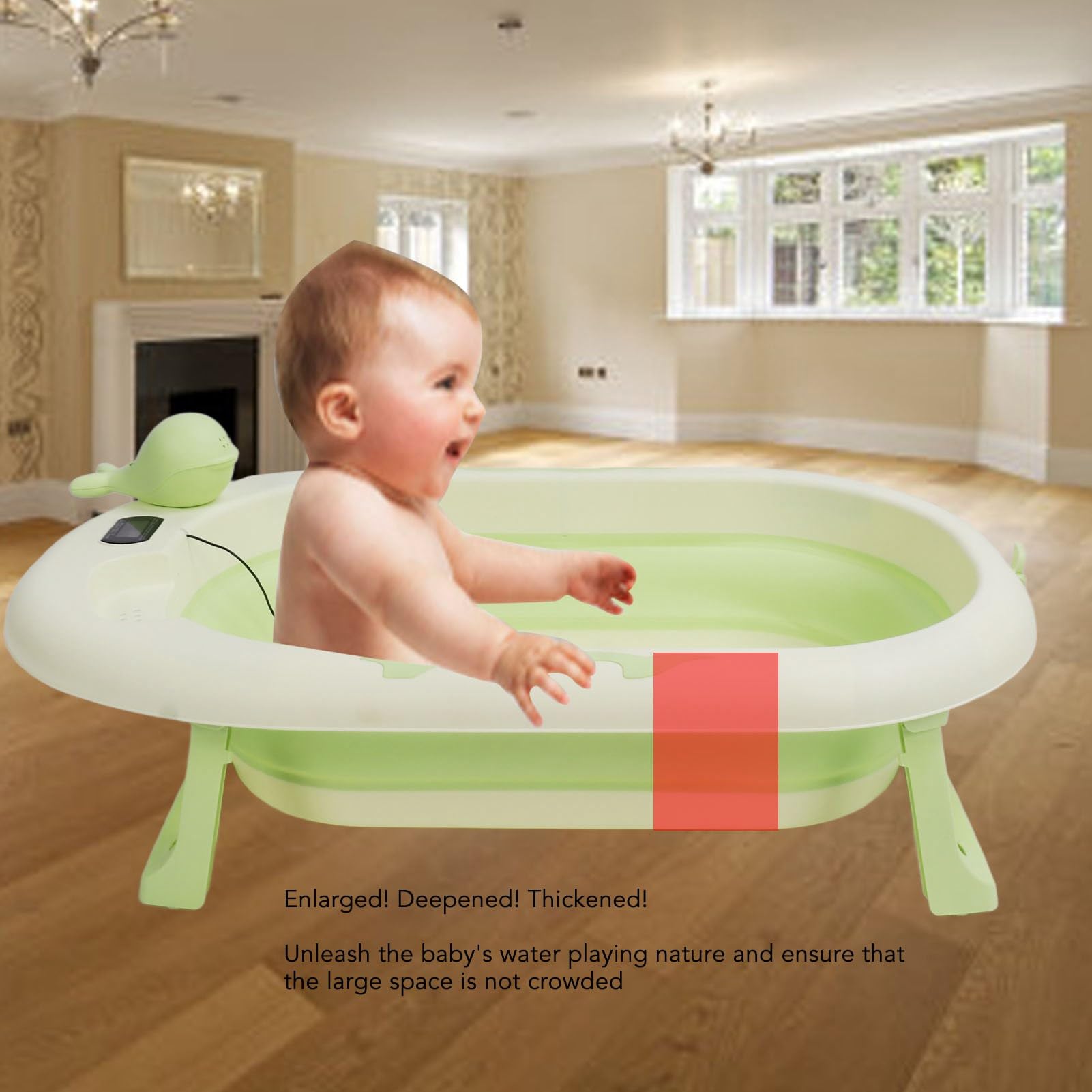 Zusammenklappbare Babybadewanne mit Thermometer, Tragbare Babybadewanne Kleinkindbadewanne Temperaturerfassung Zurücklehnen oder Sitzen, Faltbare Kinderwanne für Dusche bei