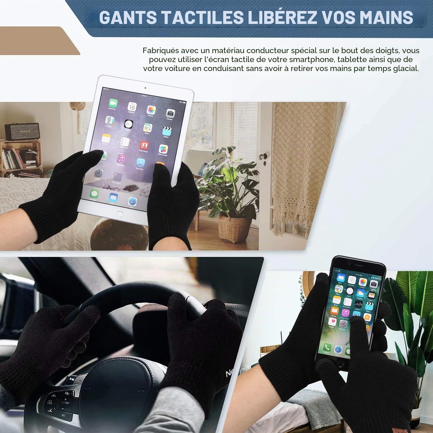 Bequemer Laden Hommes Femmes Hiver Chaud Bonnet Gants Tactiles Écharpe Tricoter Ensemble avec Doublure Polaire Cadeaux Noel Femme Homme