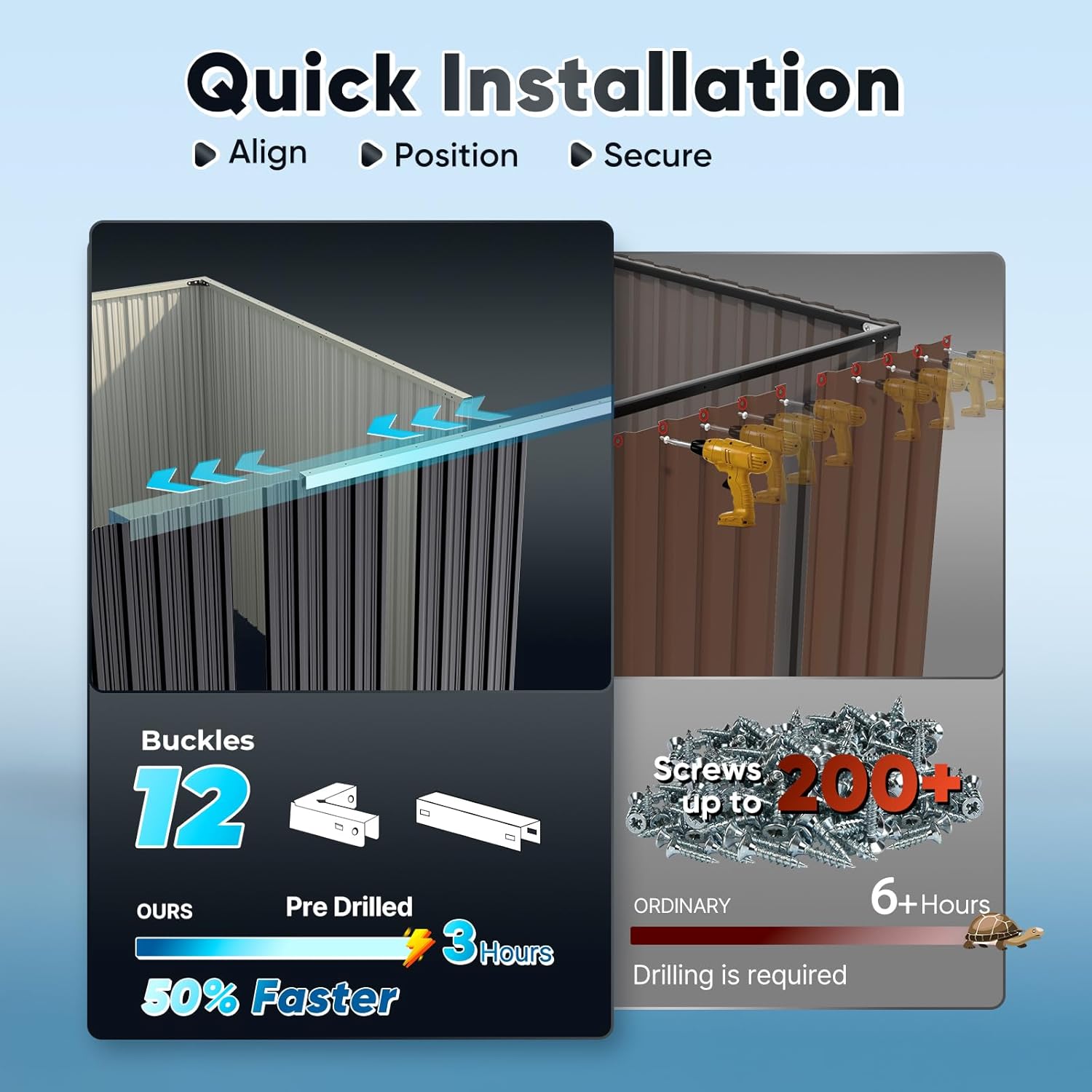 Quick installation process for the Quictent shed, highlighting buckles and pre-drilled holes for faster setup.