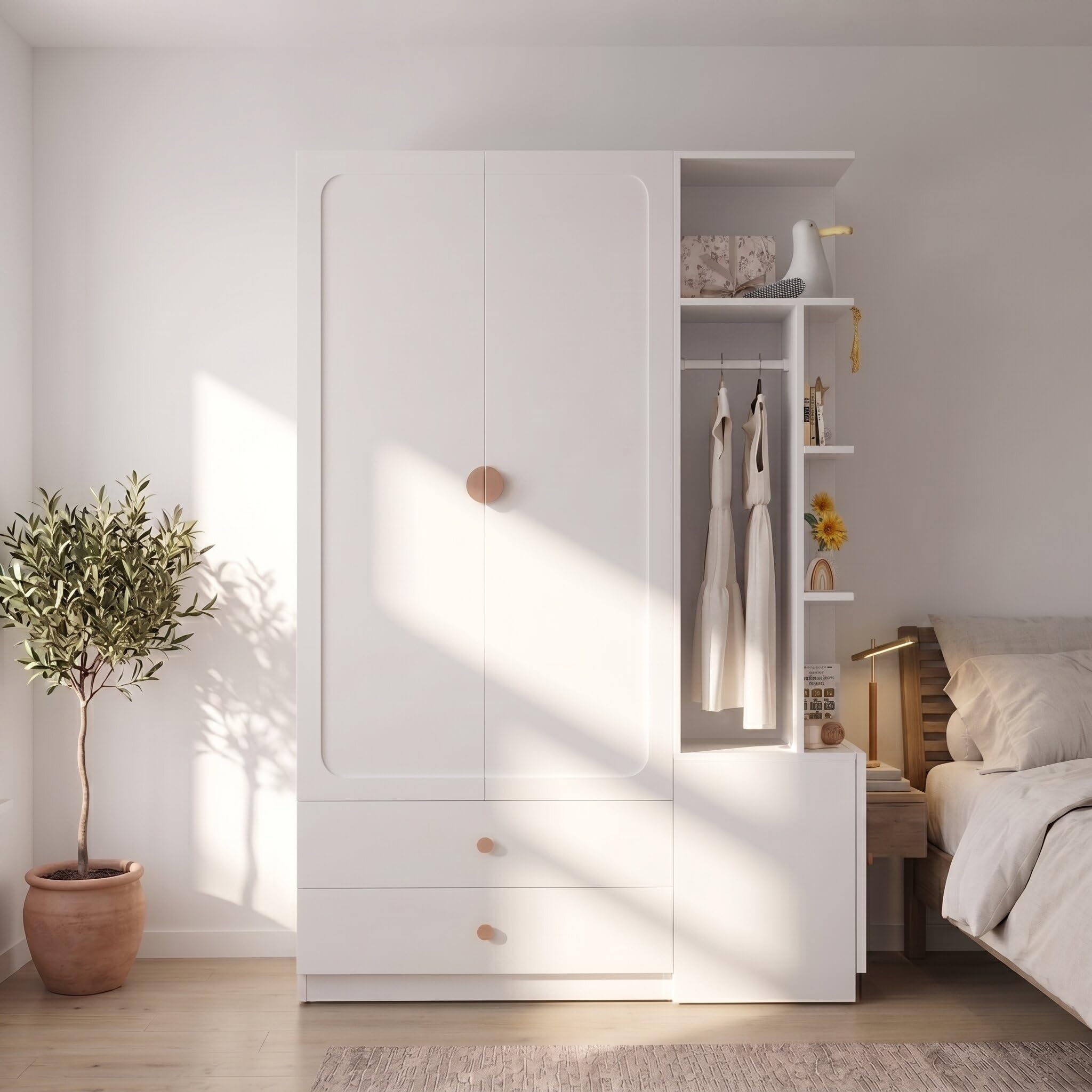 Merax Kleiderschrank Kinderzimmer 135 x 45 x 200 cm, großer Kinderkleiderschrank Weiß mit 2 Kleiderstangen, 2 Schubladen, flexiblem Seitenschrank und 4 Massivholzgriffen, Schrank für Schlafzimmer