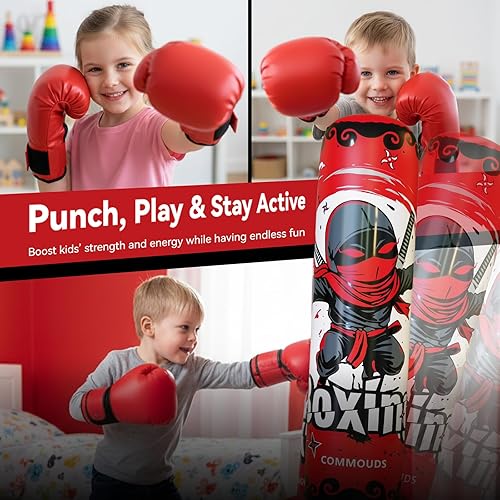 Miniatura 6 de COMMOUDS Saco de boxeo de 67 pulgadas para niños, juego de boxeo inflable con guantes, saco de boxeo de rebote rápido para practicar karate,