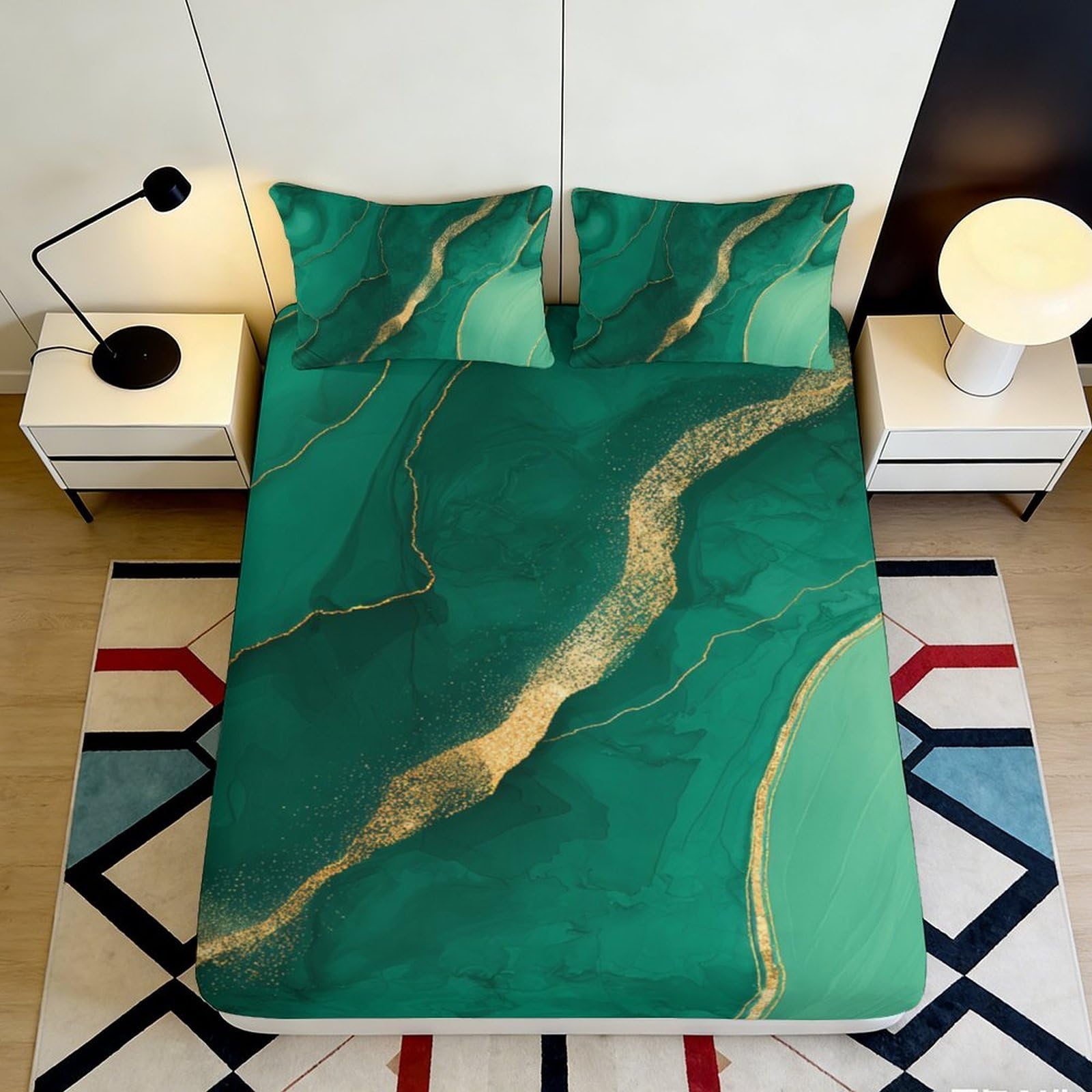 Pnayamiorkfel Style-7 3D Printed Emerald Marble Fitted Sheet Microfiber Soft Texture Gold Vein Bed Cover For Bedroom Dorm Decor 90X200x25cm