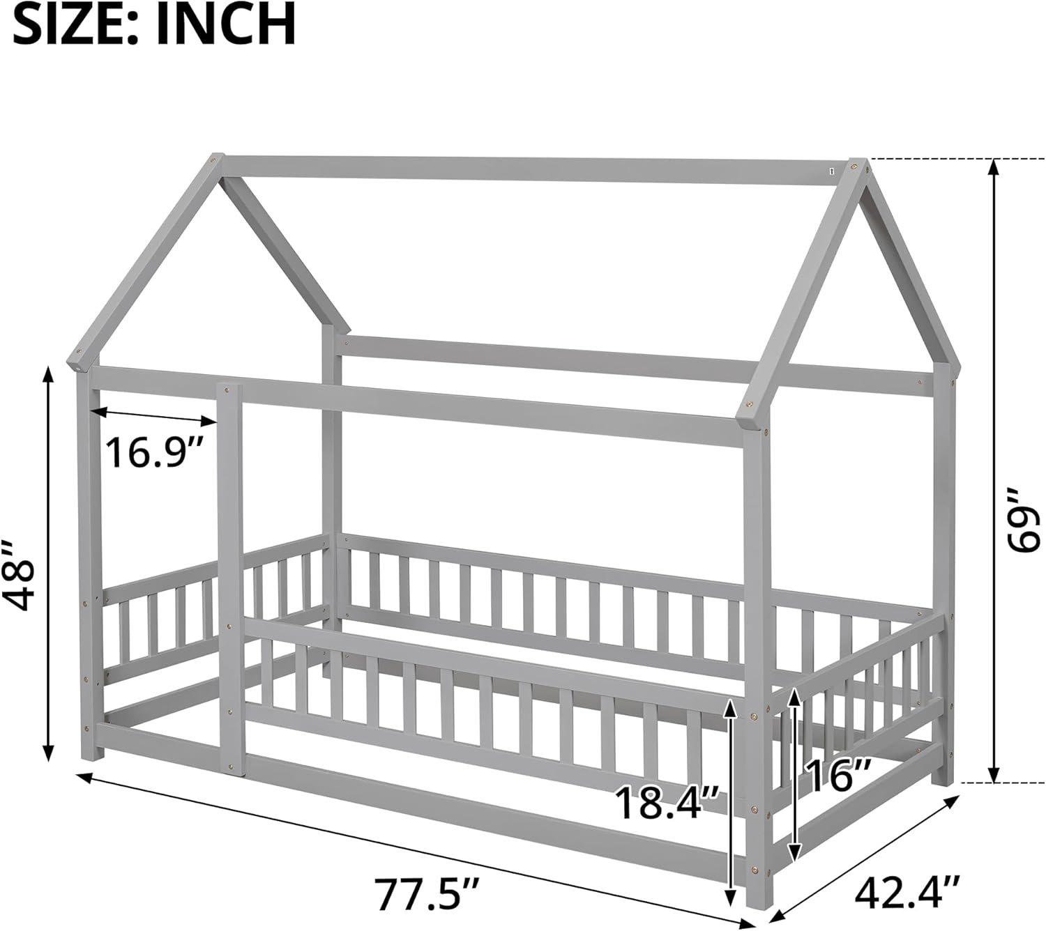 LLS Twin Floor Bed Frame with Roof, Wooden Montessori Bed with Fence, House Bed for Boys Girls Bedroom, Gray