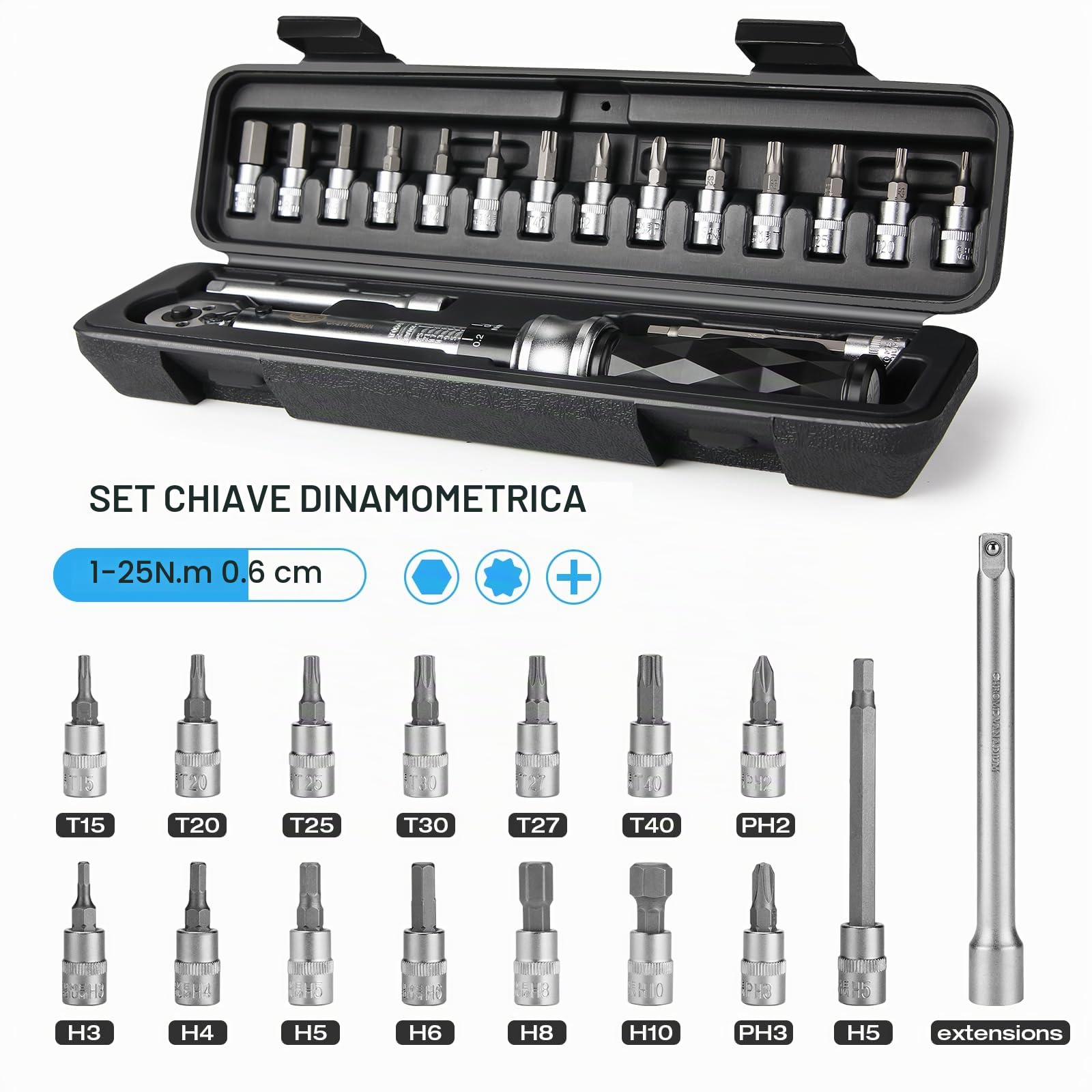 CXWXC Chiave dinamometrica per bicicletta 1/4", 1-25 Nm, strumento di riparazione, chiave dinamometrica, inclusi set di chiavi esagonali interne Torx per bici da corsa, MTB, bici da città