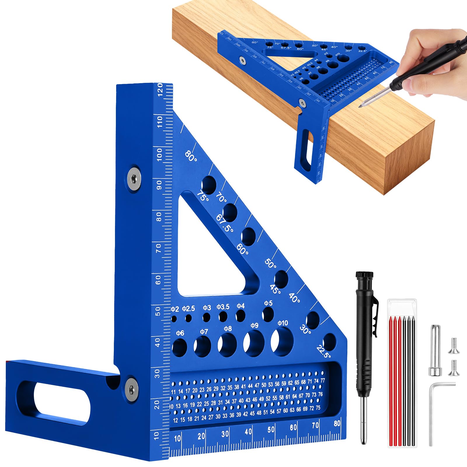 Flintronic 3D Carpenter Square, 22.5-90 Degree Aluminium Alloy Angle Measuring Ruler, 120mm High Precision Woodworking Speed Square with Woodworking Pens for Engineers Carpenters(Blue)