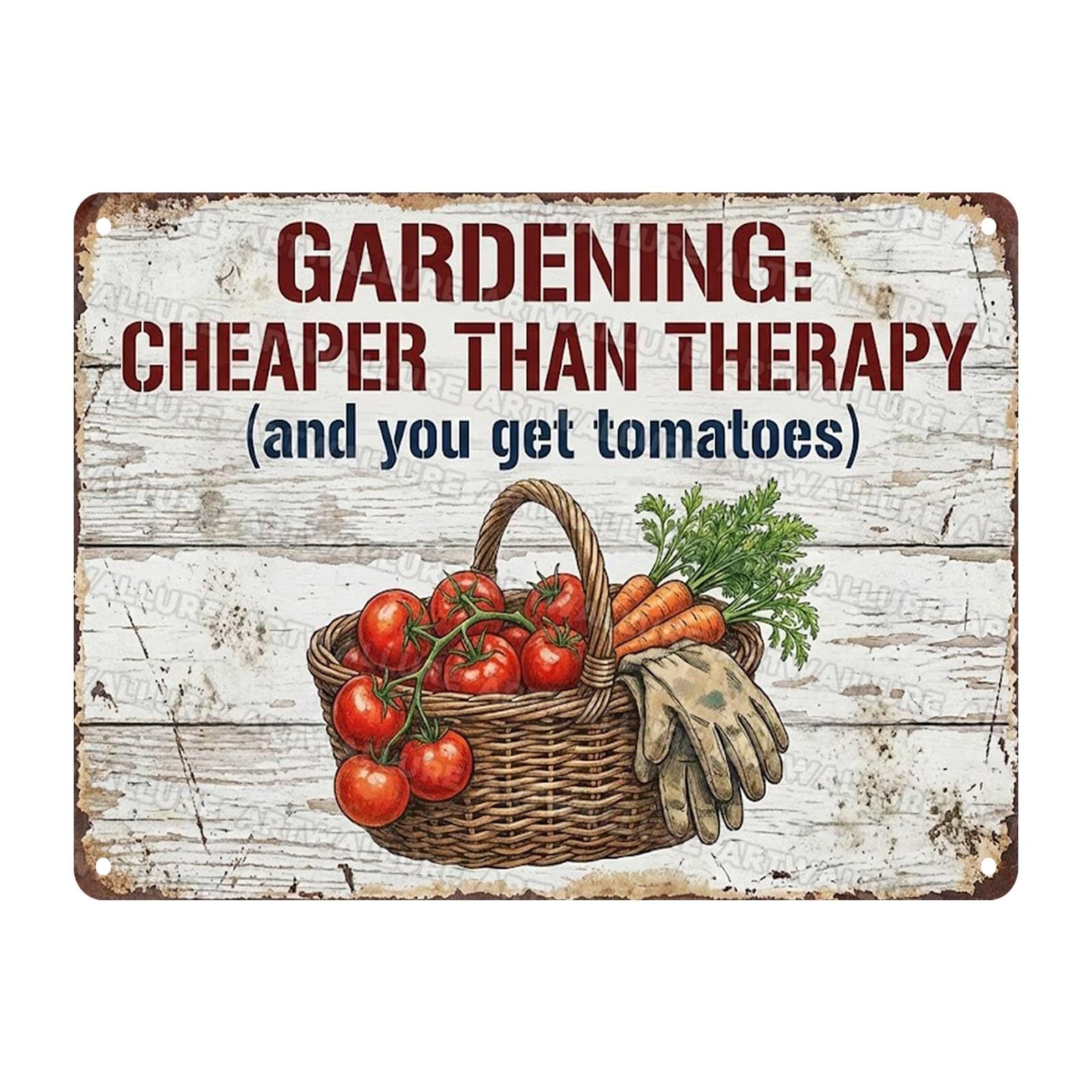 Funny Tomato Metal Tin Sign Gardening Cheaper Than Therapy Sign Rustic Vegetable Basket Wall Decor Gardening Quote Poster for Men Women Gardeners Gift Idea Farmhouse Kitchen Yard 12x16Inch