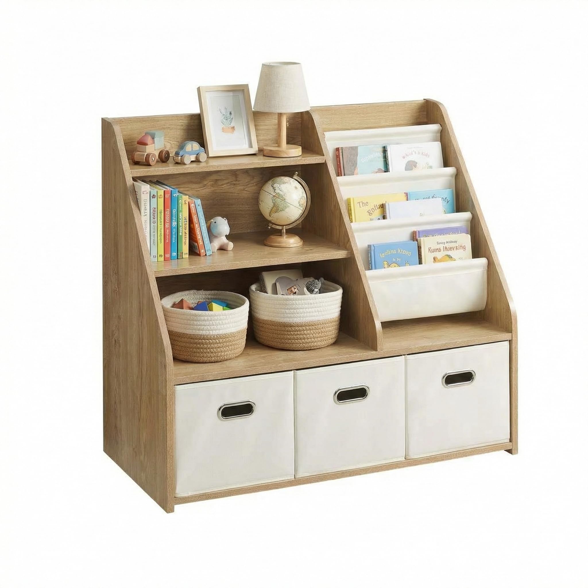 Children's Bookshelf with Storage - Montessori - 4 Tier Wooden Toy Shelf with 3 Drawers and 4 Fabric Boxes | Organizer for Kids Room and Playroom