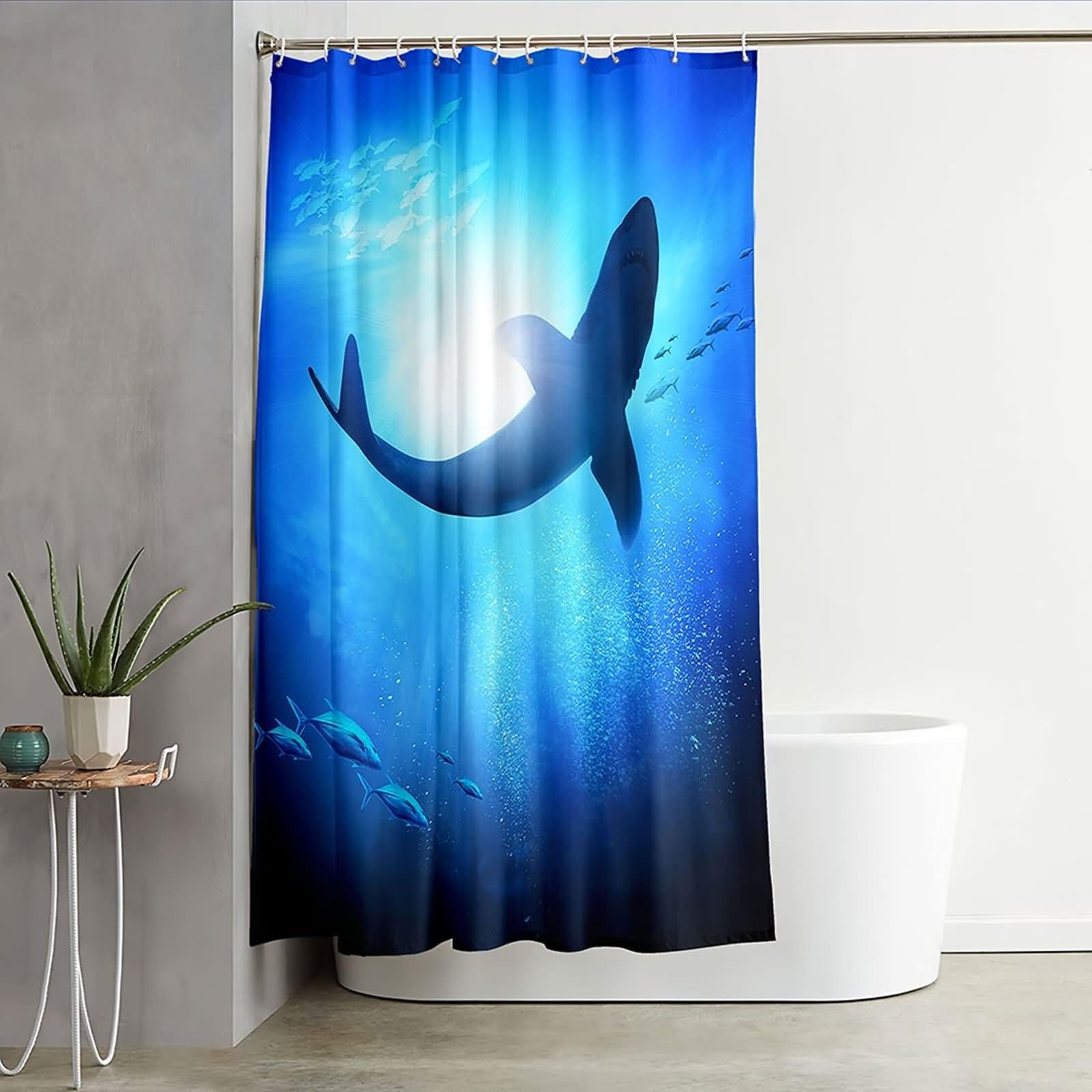 Cortina de ducha de tela de 72 x 80 pulgadas, cortina de ducha azul sol mar peces poliéster decoración del hogar baño