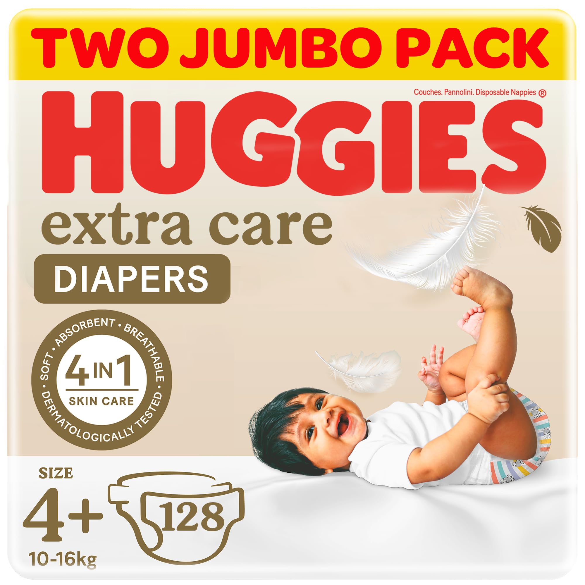 Extra Care Baby Diapers, Size 4+ (10-16 kg), Twin Jumbo Pack, 128 Diapers