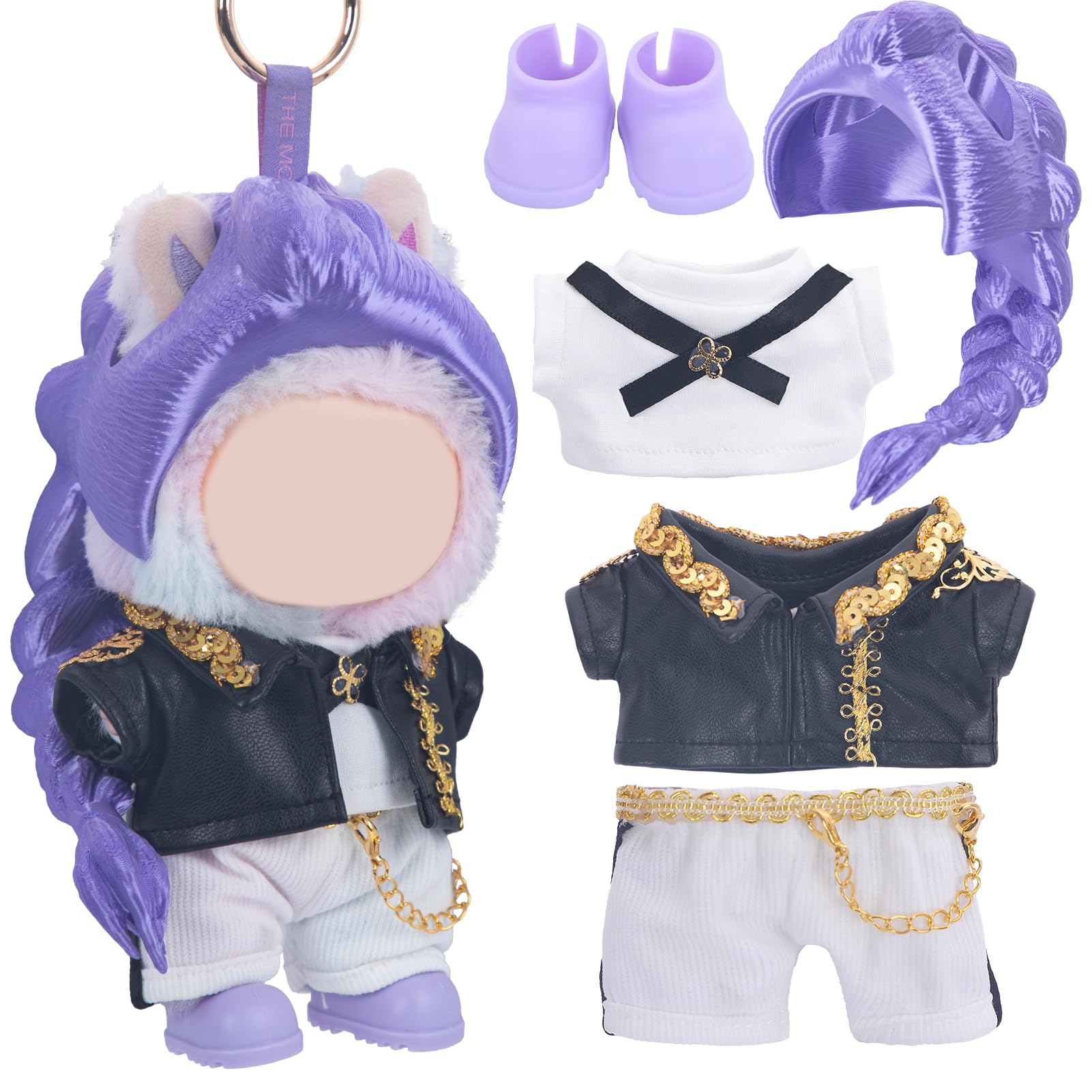 Use for Labubu Outfits KPDH Clothes and Accessories Set Designer,17cm Doll Kpop Clothes Outfits 3D Printed Purple Wigs Compatible with Labubu Doll