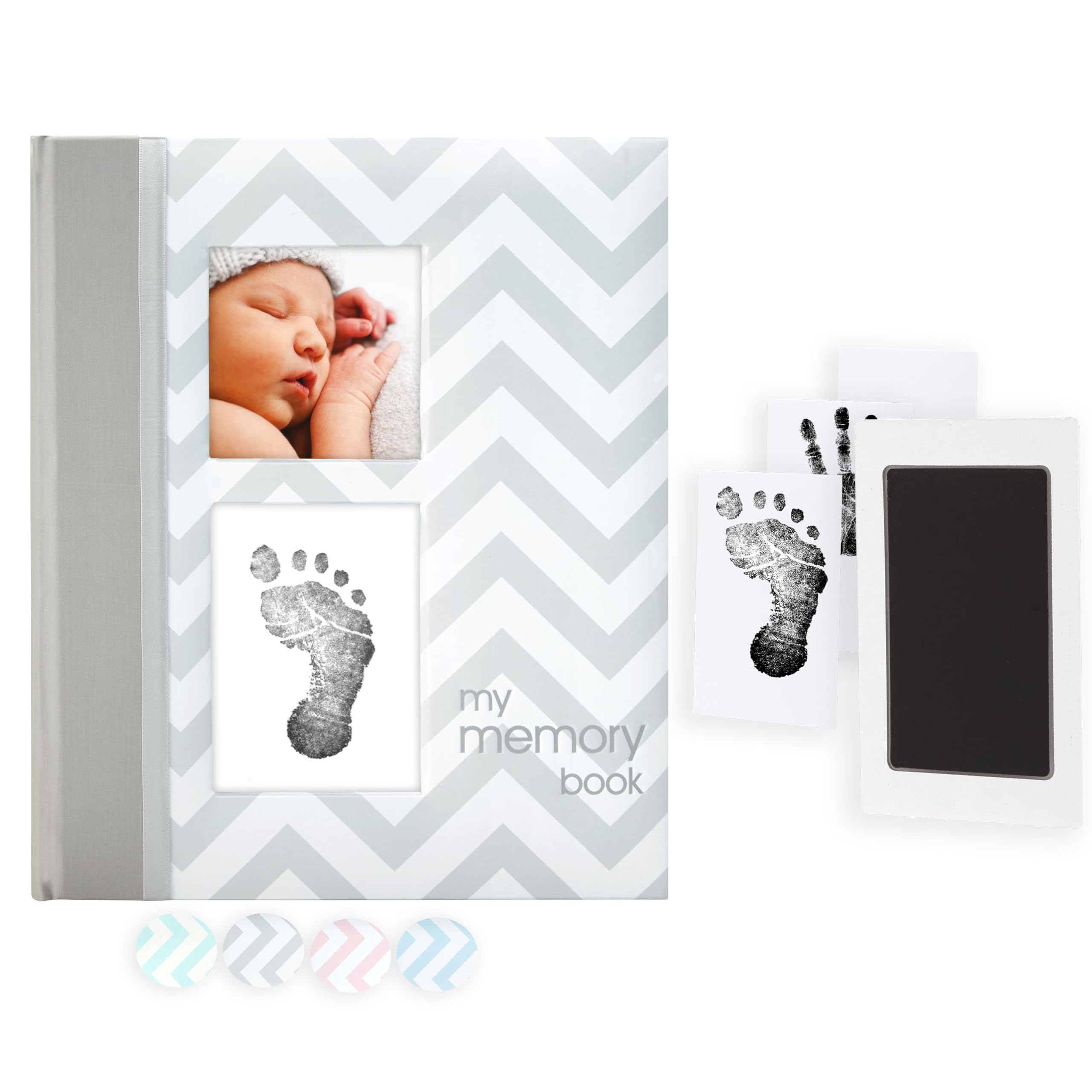 First 5 Years Chevron Baby Memory Book, Clean-Touch Safe Ink Pad for Baby’s Handprint or Footprint, Gender Neutral Milestone And Pregnancy Gray
