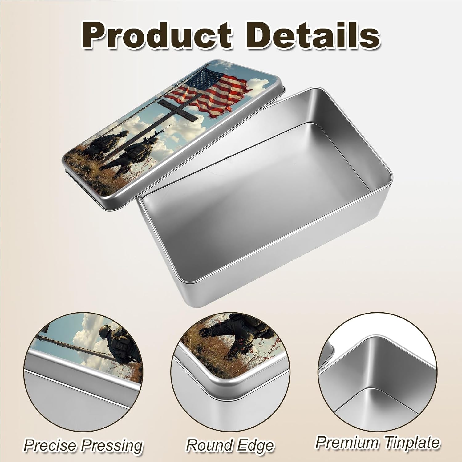 Metal Tin Box, Soldier American Flag Rectangular Tin Container With Lid Christmas Gifting Box for Home Organizer, Cookie, Pencil, Car Keys, 7.1 x 4.3 x 2.2 inch