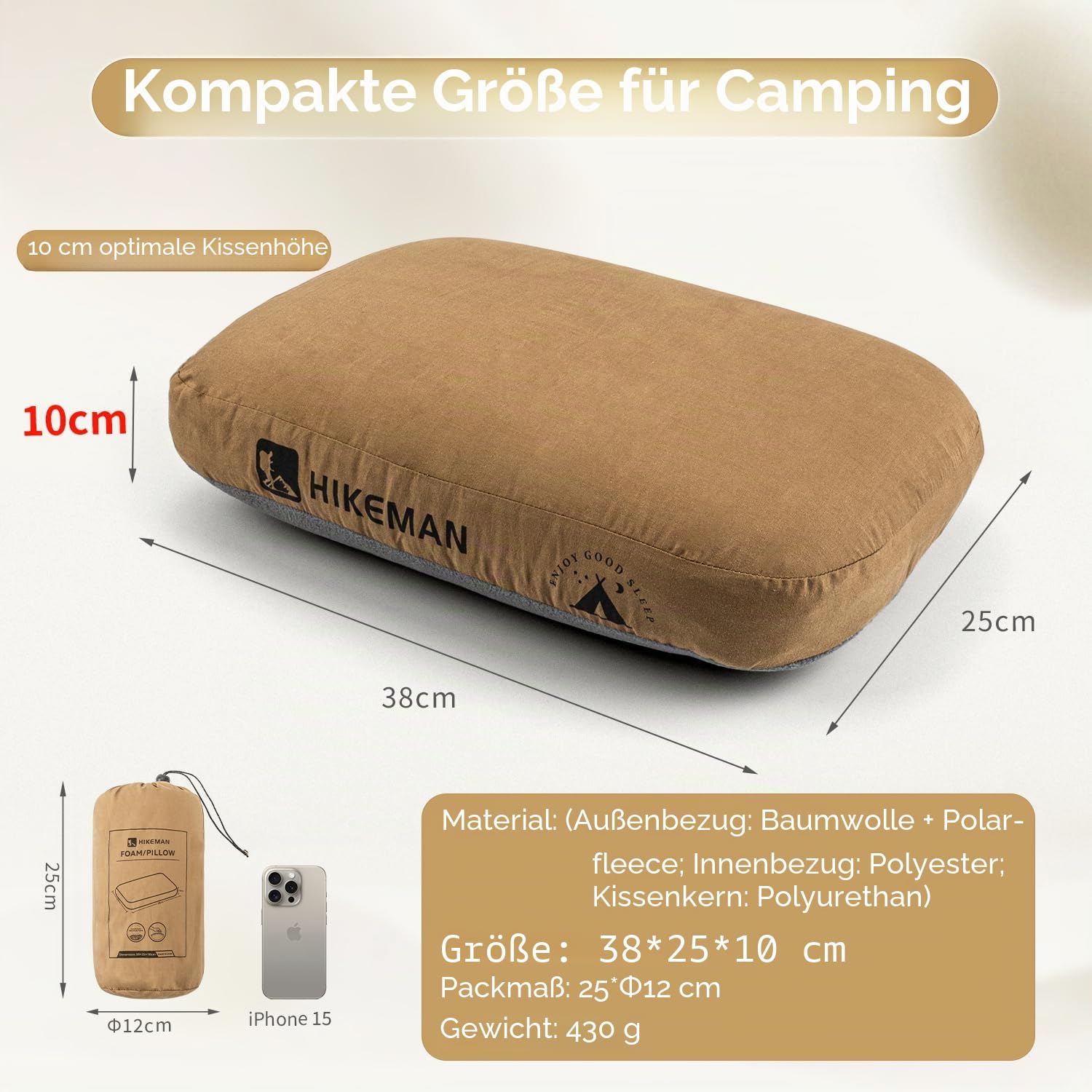 HIKEMAN Camping Kopfkissen Komprimierbar Reisekissen - Ultraleicht Nackenkissen aus Memory-Foam,Strandkissen Kopfkissen für Reise,Wandern,Outdoor (Grau)