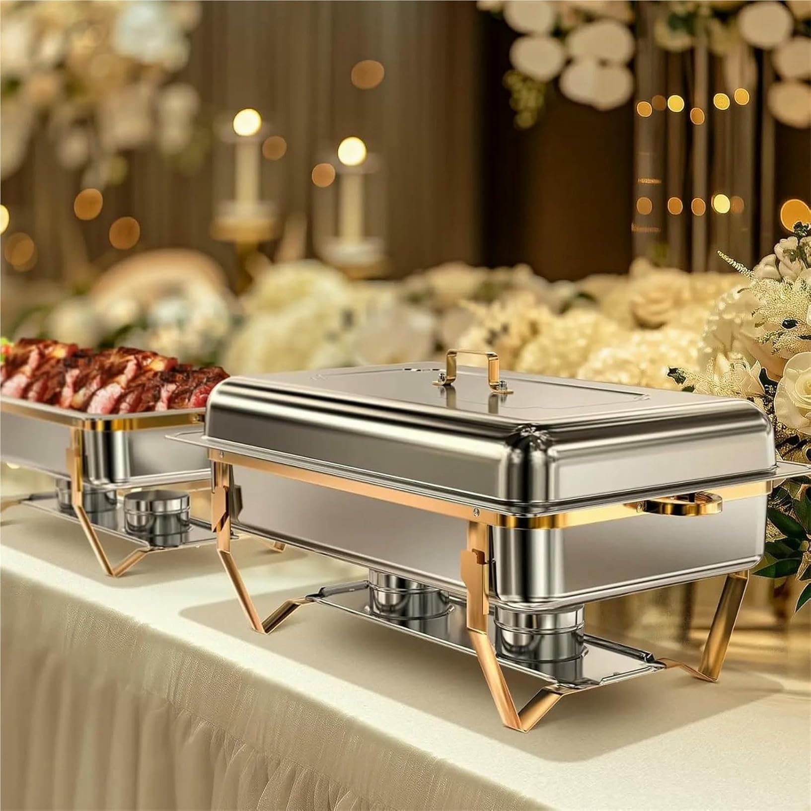 Juego de platos de rozamiento, calentadores de buffet para catering, eventos y fiestas, 8 cuartos de galón, paquete de 2/4 con diseño de borde enrollado, solución duradera y elegante para servir
