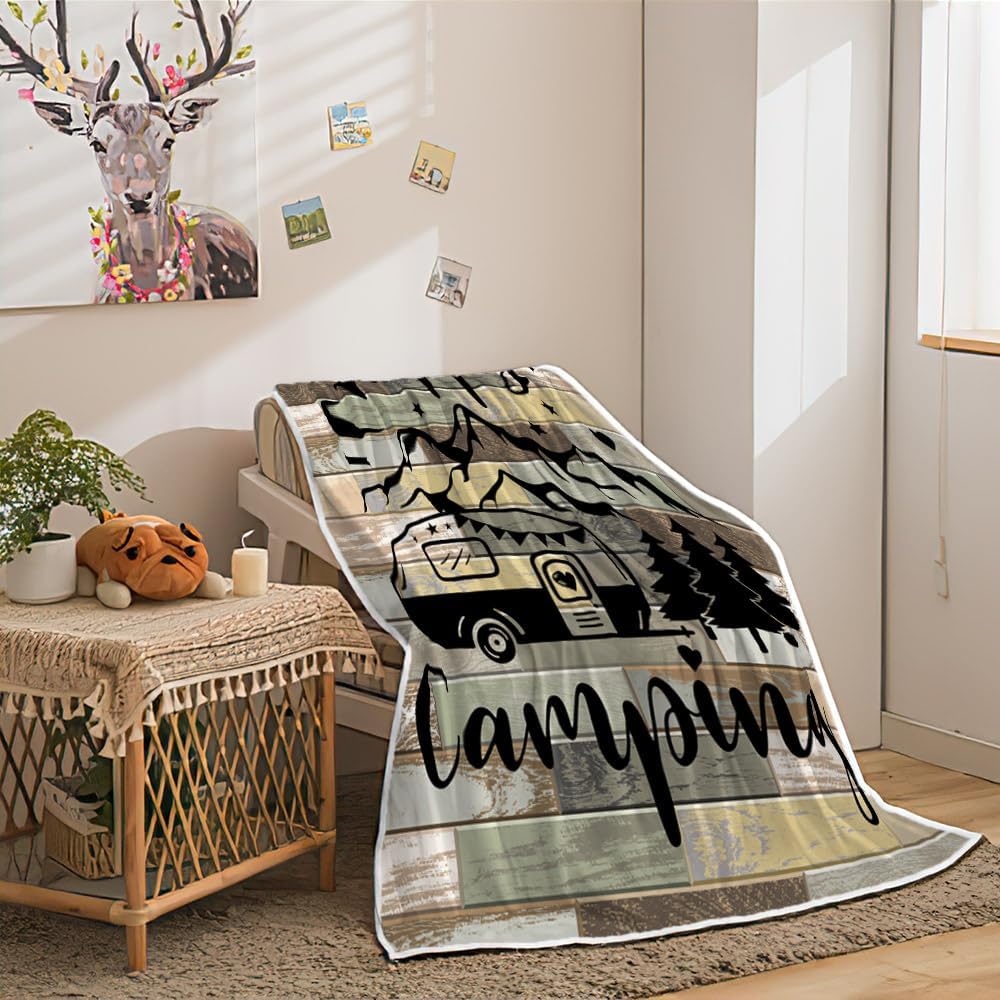RV Travel Camping Throw Blanket Happy Camping Fleece Blanket | Soft, Flannel, Warm, All Season, Vintage Farmhouse Throw Blanket, Travel Camping Bed Blankets for Sofa Couch Bedroom 50X60 Inch