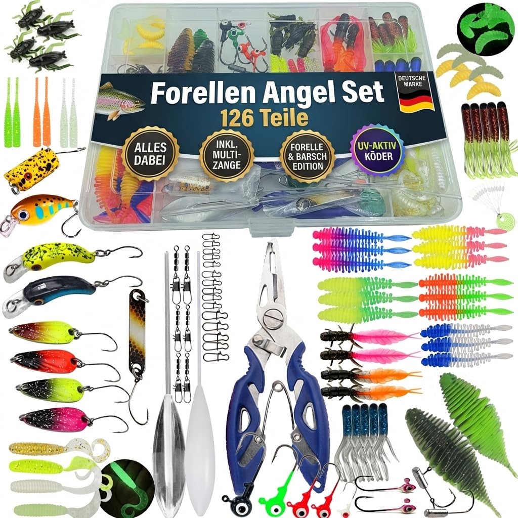 Forellen Angel Set Köder Sortiment Box 126 Teile Komplettset, Spoons Wobbler Spirolino Wirbel Gummiköder | Perfektes Angel Geschenk für Angler | Gummi Forellen Köder Set