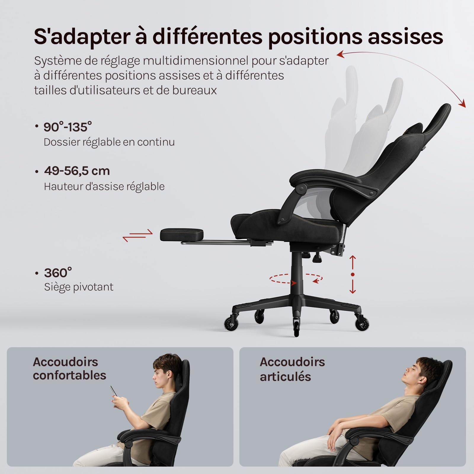 WOLTU Chaise Gaming, Fauteuil de Bureau, Ergonomique, avec Dossier Inclinable, Repose-Pieds Rétractable, Accoudoirs Reliés, Appui-tête et Soutien Lombaire, en Faux Daim,Noir