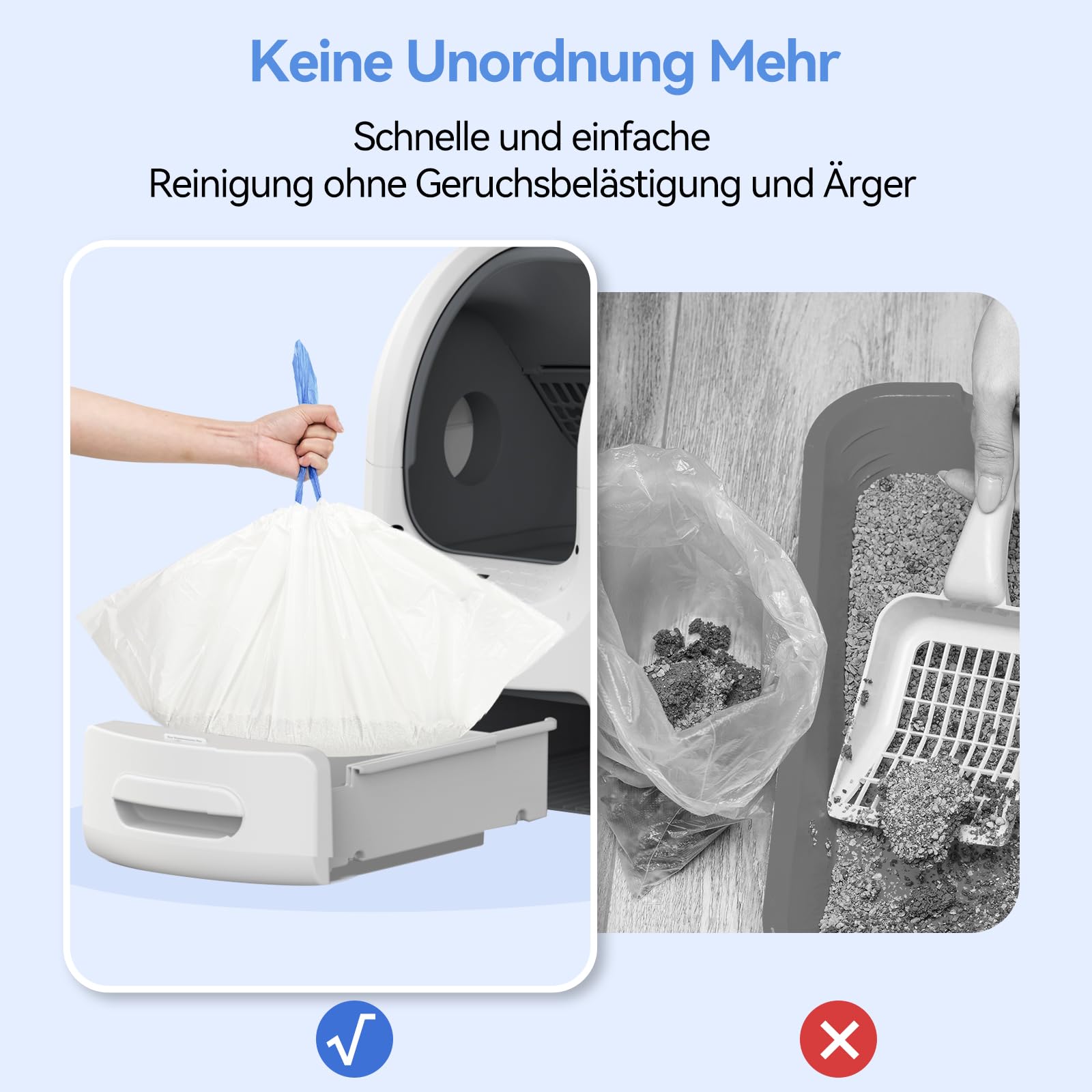 Amicura 45 Stück Mülltüten mit Tragegriff Selbstreinigende Katzentoilette Müllbeutel Katzentoilettenbeutel mit Zugbändern Biologisch Abbaubar Langlebige Reißfest Flüssigkeitsdicht - 3 Rollen