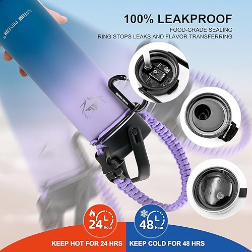 Miniatura 4 de NATURE PIONEOR Botellas de agua aisladas con mango de paracaídas, 24324064 onzas, botella de agua deportiva de boca ancha con 3 tapas, de acero