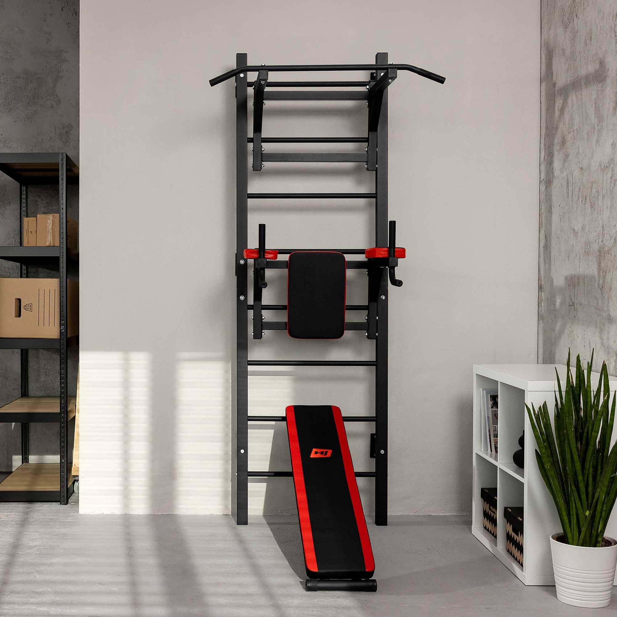 Hop-Sport Sprossenwand mit Klimmzugstange, Dip Station & Sit-Up-Bank | Wand Kraftstation für Zuhause | Calisthenics & Krafttraining | Max. Belastung 150 kg