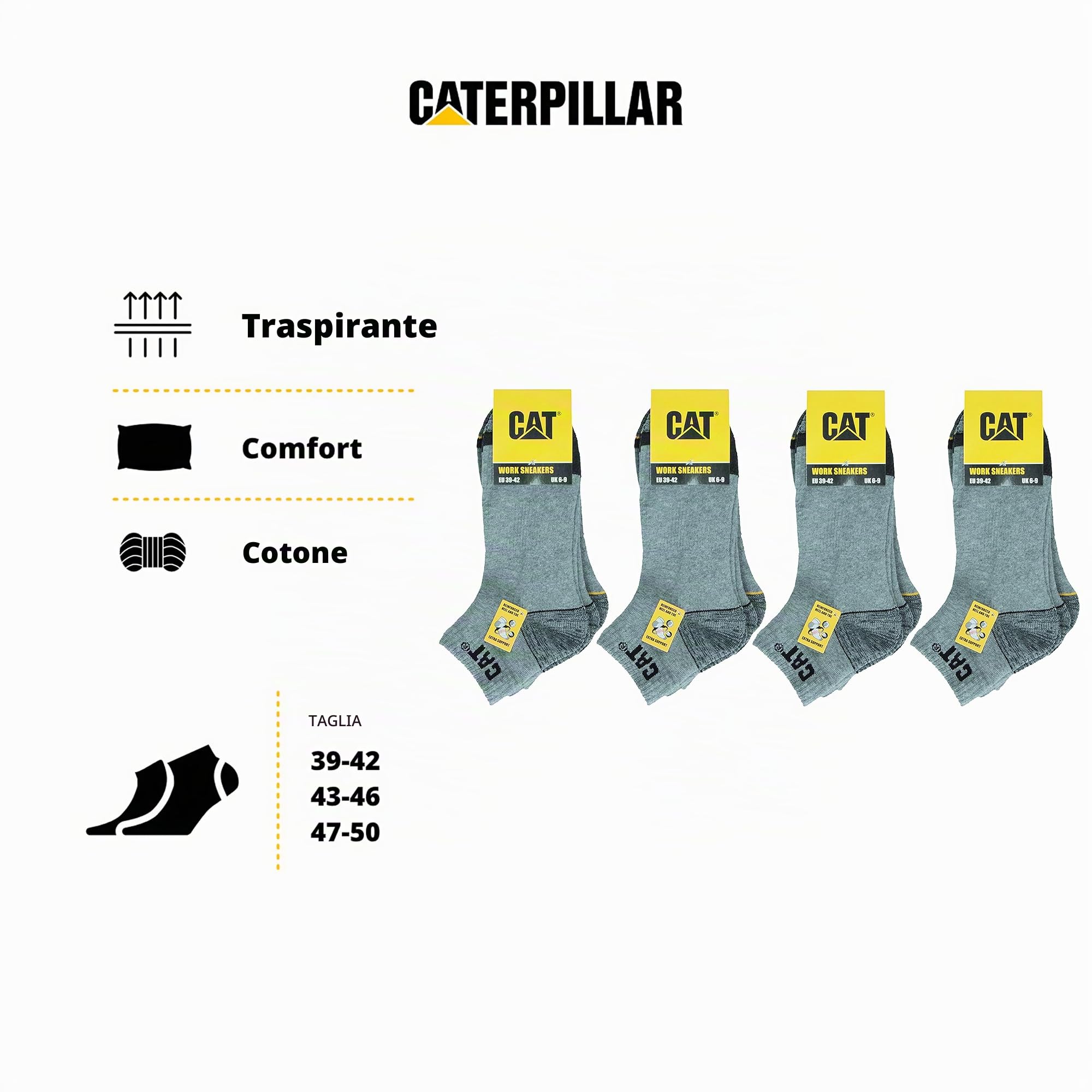 Caterpillar 12 Paia Calze Sneaker Lavoro - Punta Tallone Rinforzati - Supporto Arco Plantare - Cotone