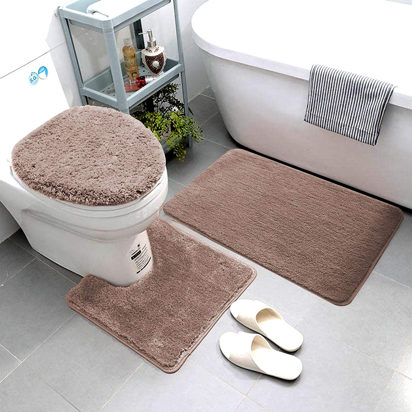 KiKiYe 3 Piece Bathroom Rug Set Includes Bath Rug, Contour Mat And Toilet Lid Cover, Machine Washable, Super Soft Microfiber; Non Slip Bath Rugs With Rubber Backing Solid