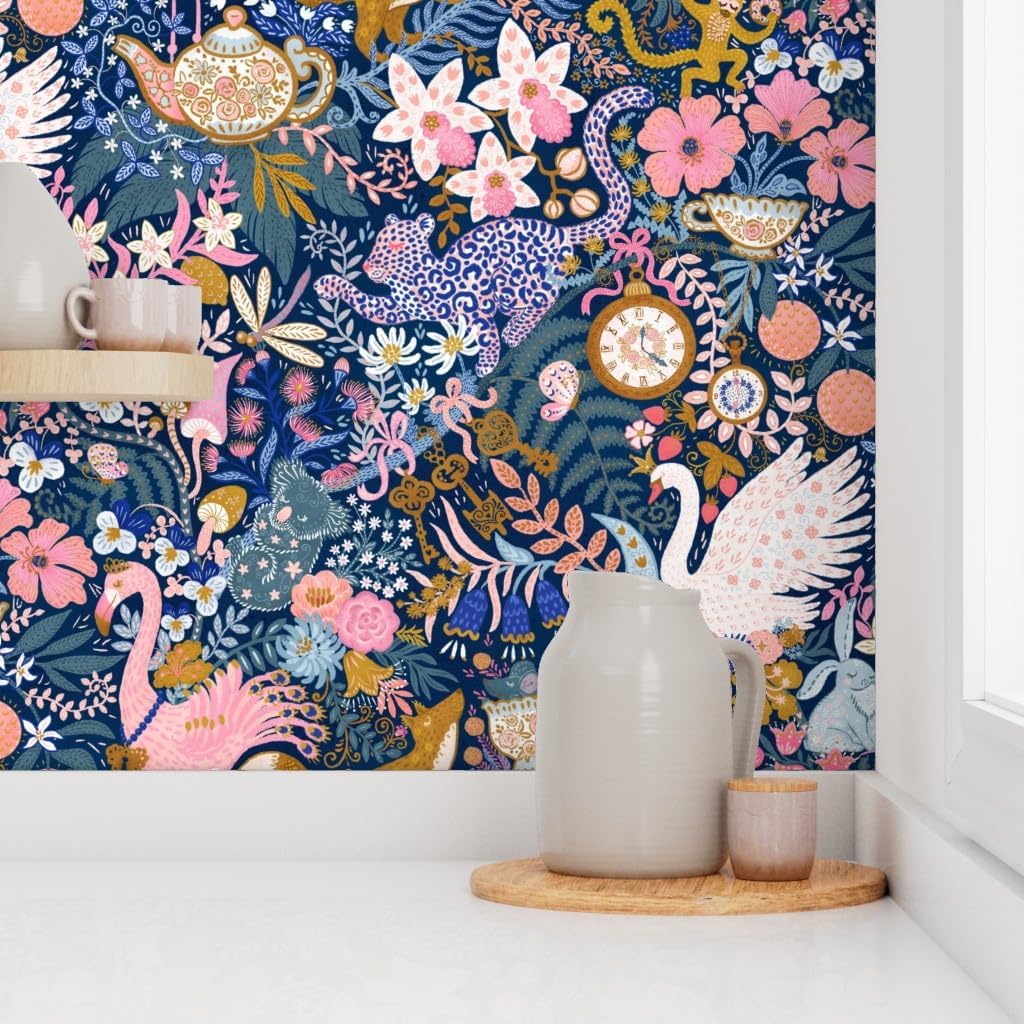 Peel & Stick Wallpaper Swatch - maximalist,Tea Party,Whimsical Chintz,Pink Purple Mustard,Swans and Flamingos Custom Removable Wallpaper by Spoonflower