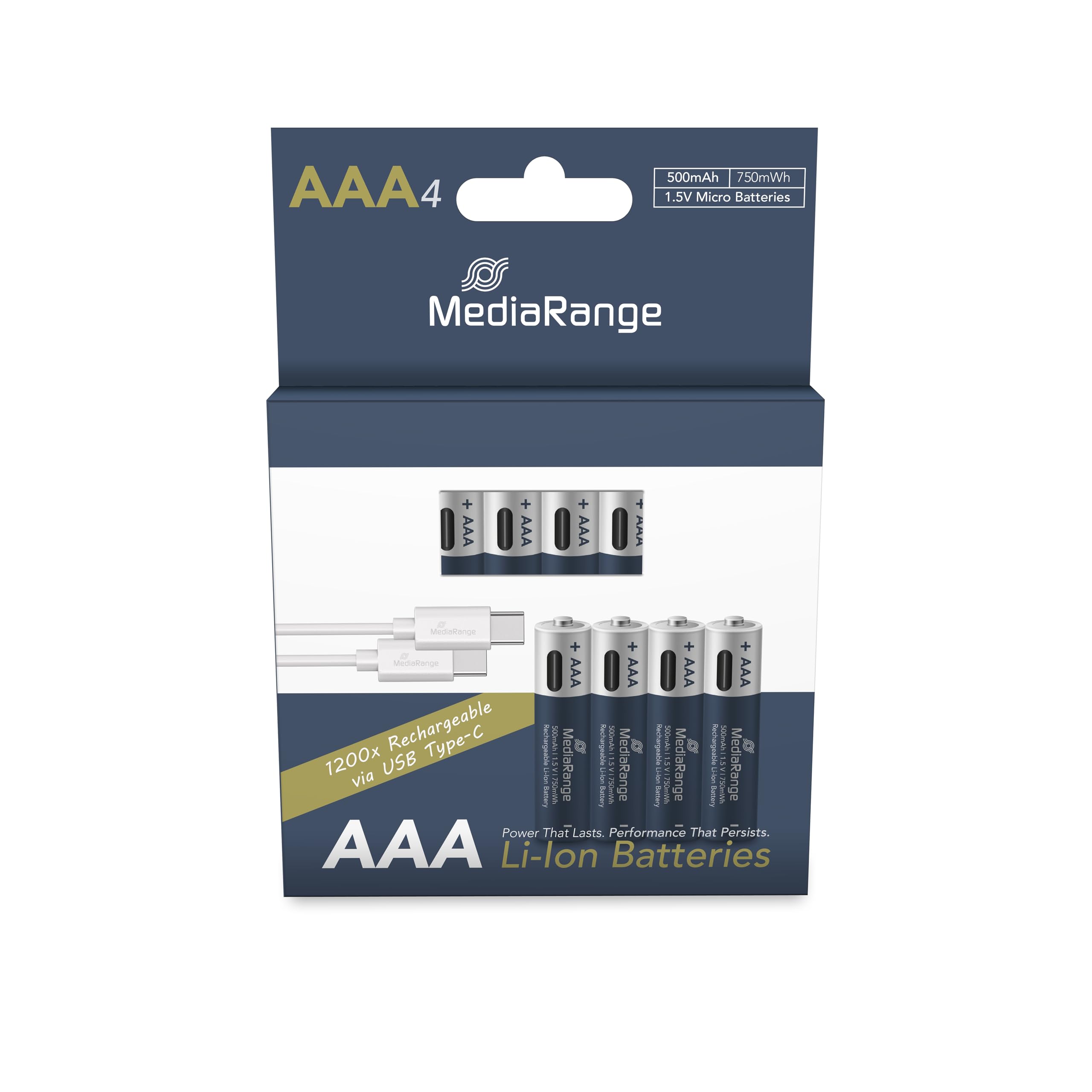 MediaRange Batterie ricaricabili USB-C Li-Ion, Micro AAA | 1,5V | 500mAh, confezione da 4 pezzi