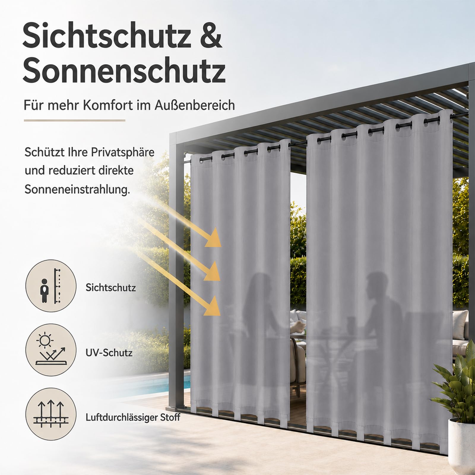 Pesonlook Outdoor Vorhang Wetterfest 2er Set, Wasserabweisende Outdoorvorhänge mit Ösen und unteren Schlaufen, Blickdicht Sonnenschutz Sichtschutz für Balkon Terrasse Pergola, 254 x 213 cm, Grau
