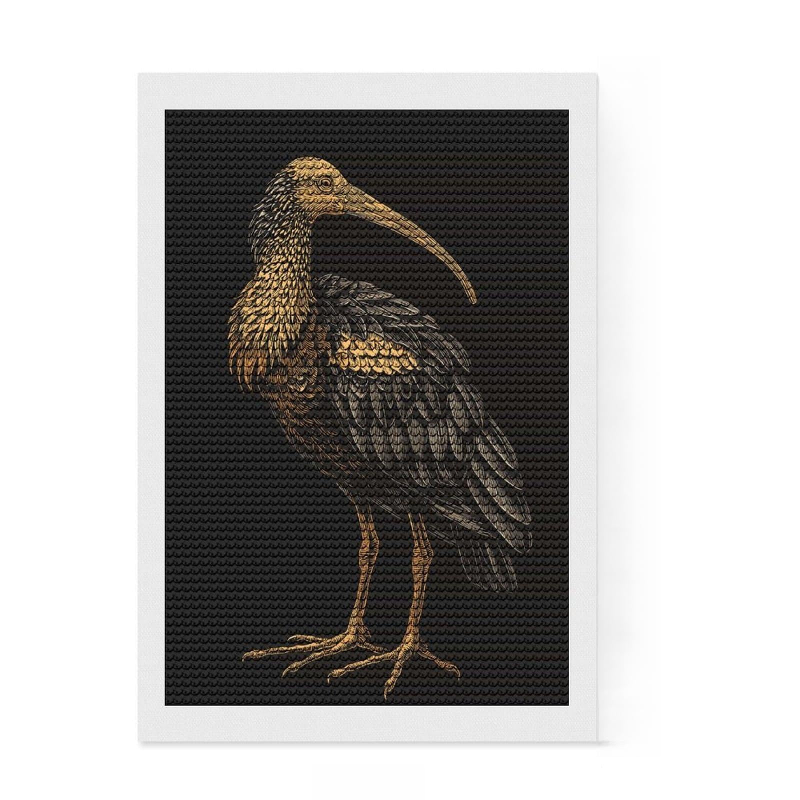 Junmoney Ibis Bird Illustration on Black Background Diamond Painting Kit 8"x12", Living Room Decor, for Beginners, Easy Handmade Project, Gift Idea, Adhesive Canvas