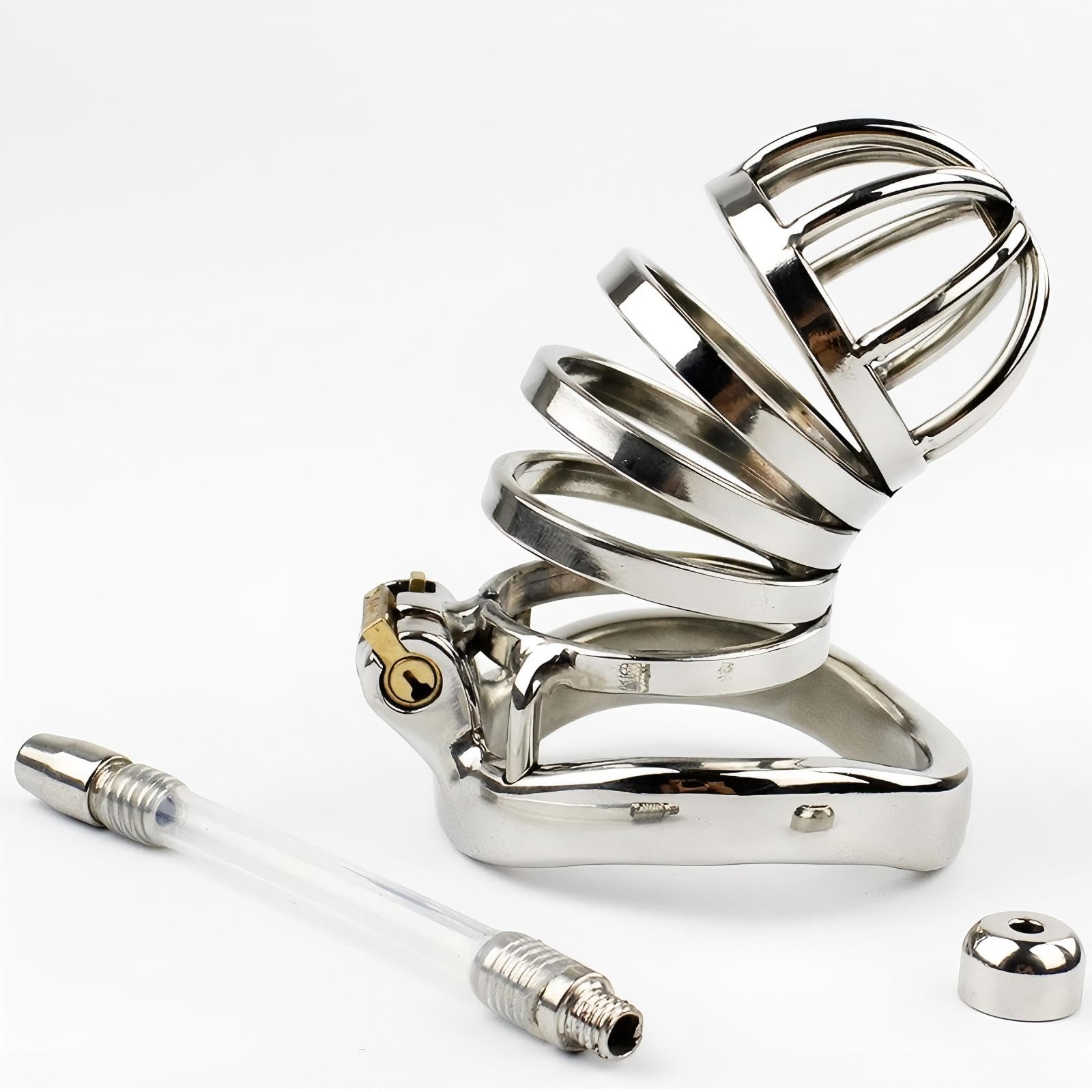 Cage de Chasteté pour Pénis avec Cathéter en Silicone Cage Chastetée en Métal avec Serrure Dissimulée pour le Bondage du Pénis de l'Homme Chastity Cage en Acier Courbé et Respirant (50mm)