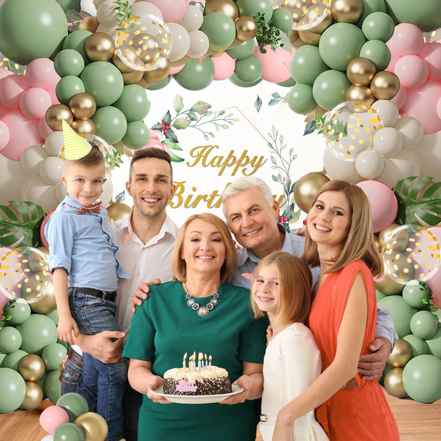 Zestaw łuków balonowych w kolorze zielono-różowego szałwia, oliwkowozielony, jasnoróżowy, piaskowy, biały, rumieniec, metaliczne złote balony ze złotymi balonami z konfetti, na urodziny, las, baby