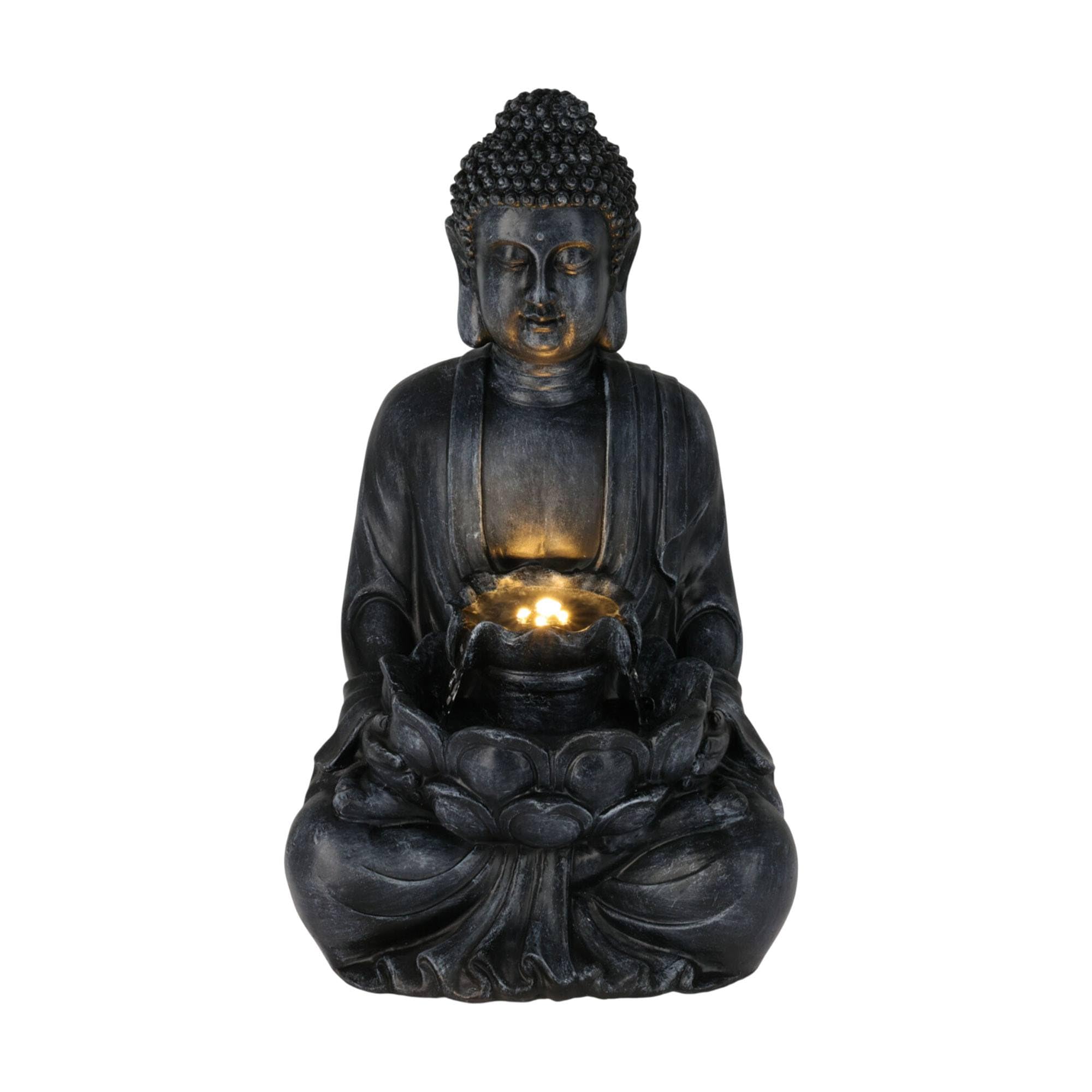 Well Home Fuente Buda en Color Negro con Luces LED para Espacio Exterior 28,5x24,5x48cm