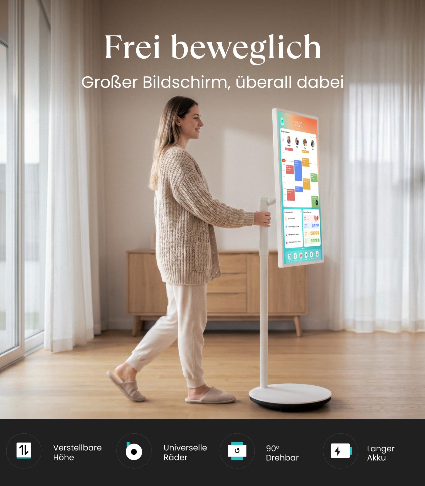 Cozyla Calendar Plus Go: 32" Mobiler Digitaler Kalender mit Akku & Rollen | Google Play Store, Anpassbares Dashboard, Sprachassistent, Echtzeit Kalender-Sync, Aufgaben & Belohnungen, Essensplanung
