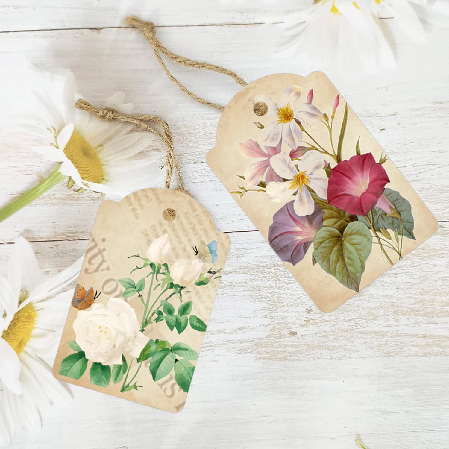80pcs Vintage Flower Gift Tags With String – Blank Kraft Paper Tags For Wedding, Birthday, DIY Wrapping & Scrapbooking