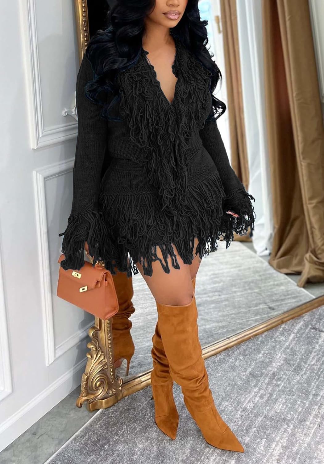 LETSVDO Women's 2 Piece Skirt Set Long Sleeve Tie Front Fringe Knit Sweaters Tassel Mini Skirt Sexy Fall Club Outfits - Image 3