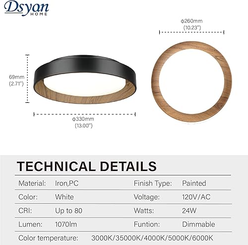 Miniatura 2 de Lámpara de techo de montaje empotrado negra, lámpara de techo LED de 13 pulgadas con color de madera en el interior, 24 W, regulable 5CCT