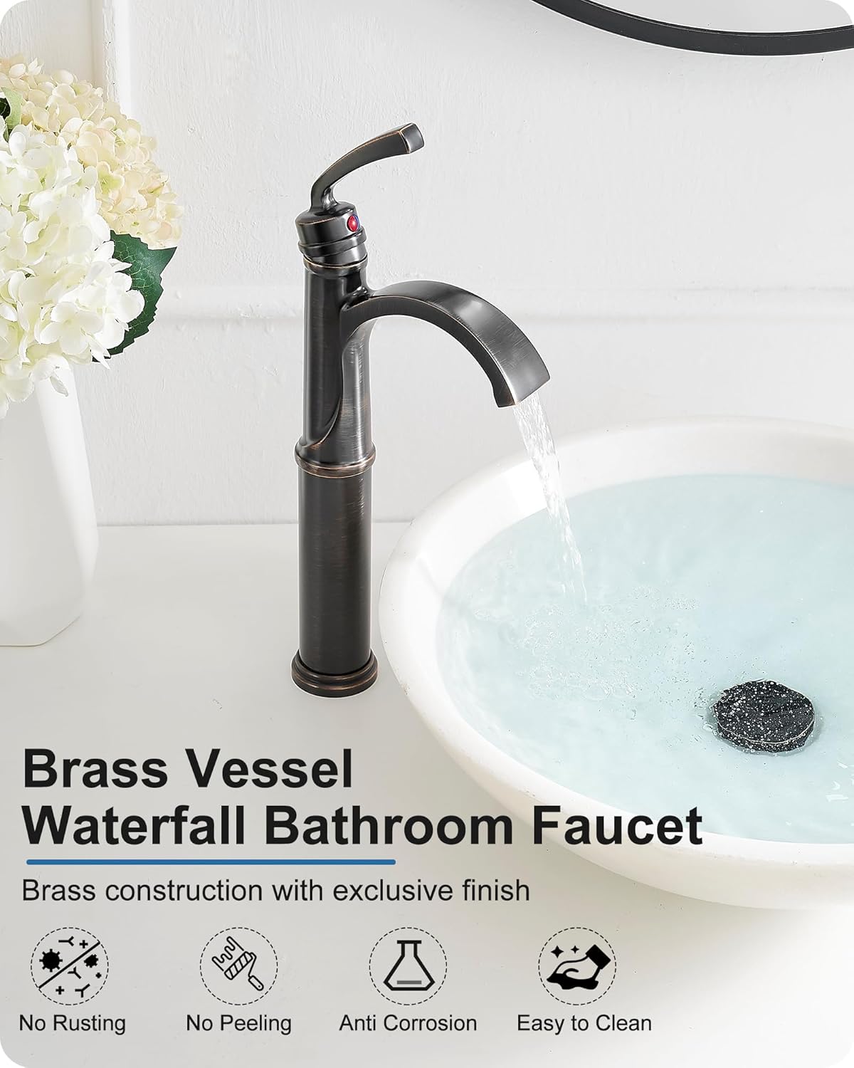 Waterfall Vessel Sink Faucet Oil Rubbed Bronze, Brass Tall Bathroom Faucet with Pop-up Drain, cUPC Supply Hoses, Single Handle for Vanity, Farmhouse, 1 Hole Vessel Sink, 5 Mins Quick Install - Image 2