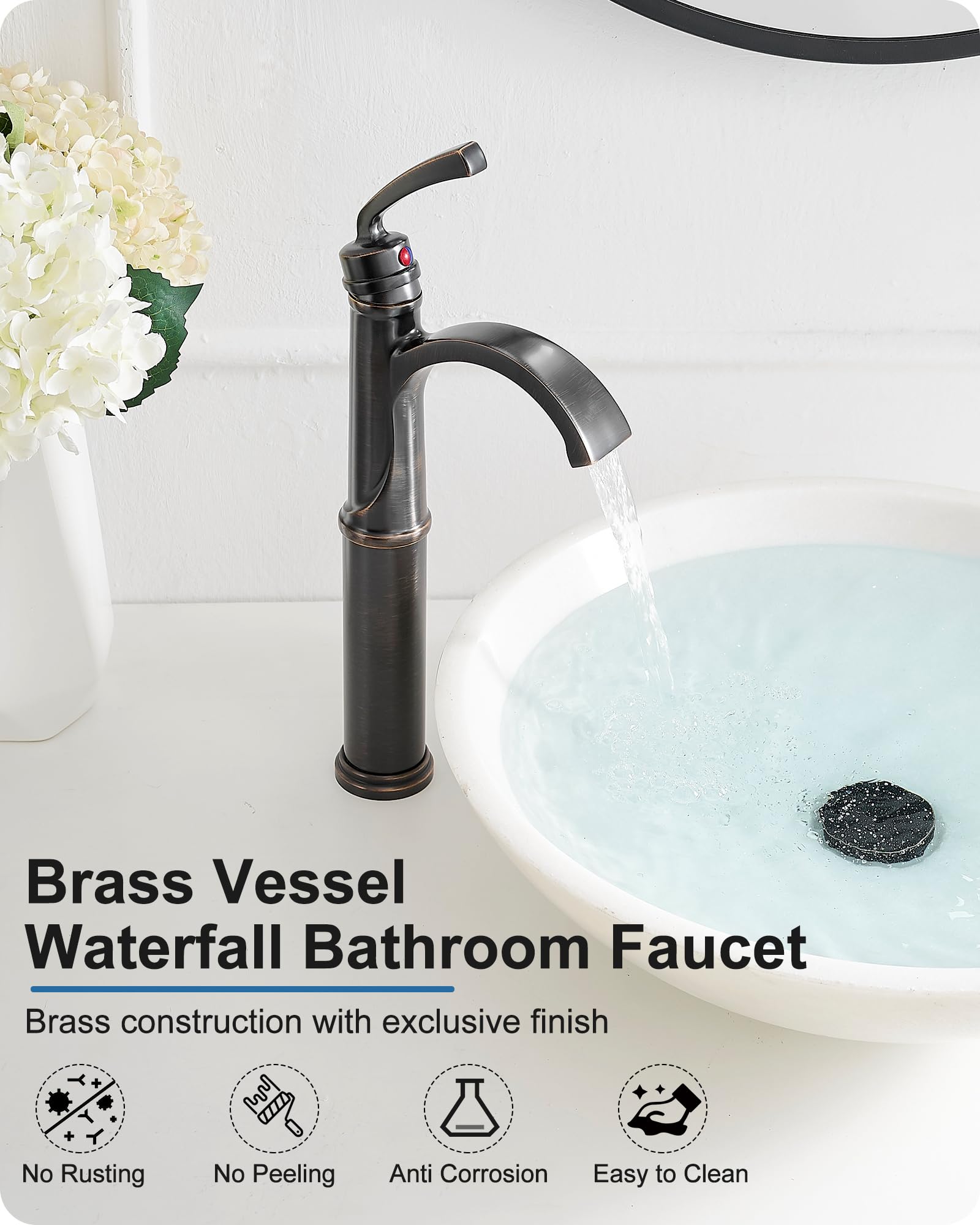 Waterfall Vessel Sink Faucet Oil Rubbed Bronze Brass Tall Bathroom Faucet with Pop-up Drain cUPC Supply Hoses Single — view 2