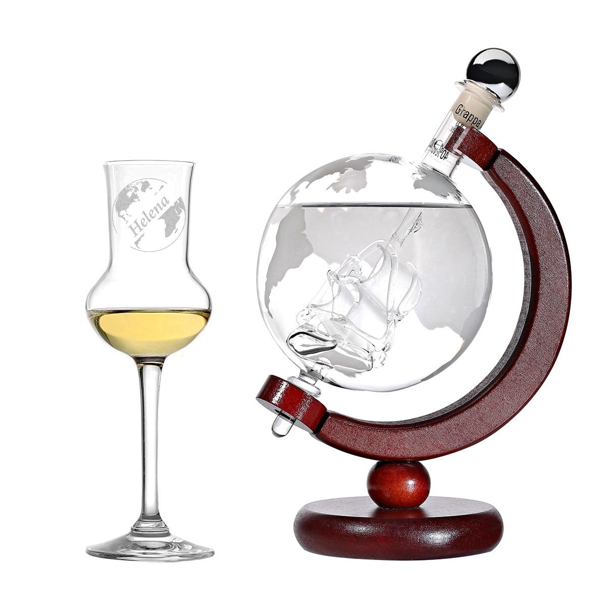 polar-effekt Grappa-Set Personalisiert - Flasche Weltkarte und Schiff befüllt 500 ml Grappa - Geschenkidee Geburtstag Weihnachten - Grappaglas 87ml Grappakelch mit Gravur - Motiv Globus