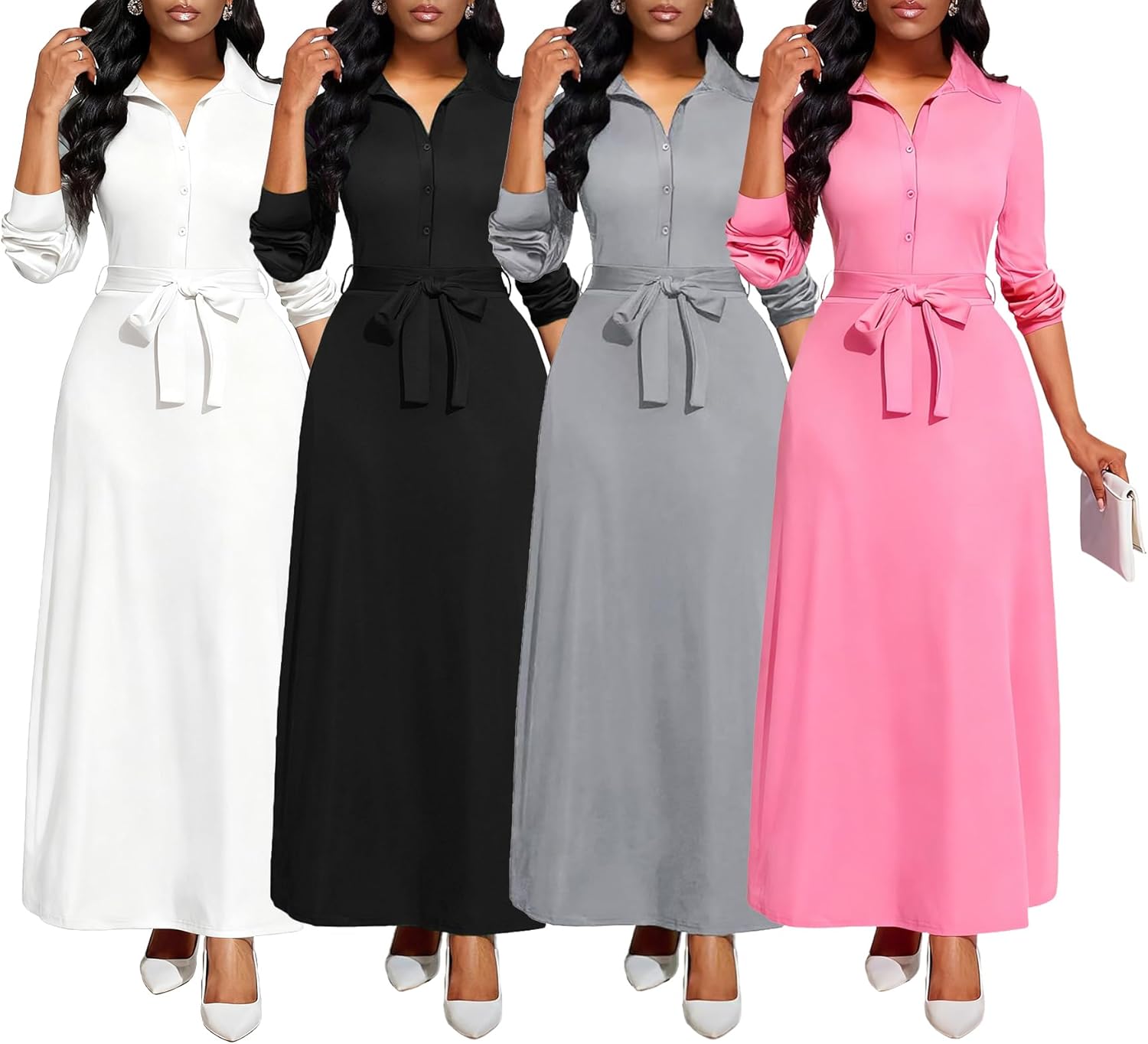 MsavigVice Women Church Maxi Dresses Long Sleeve Button Down Solid Color Casual Office Long Dress with Pockets - Image 5