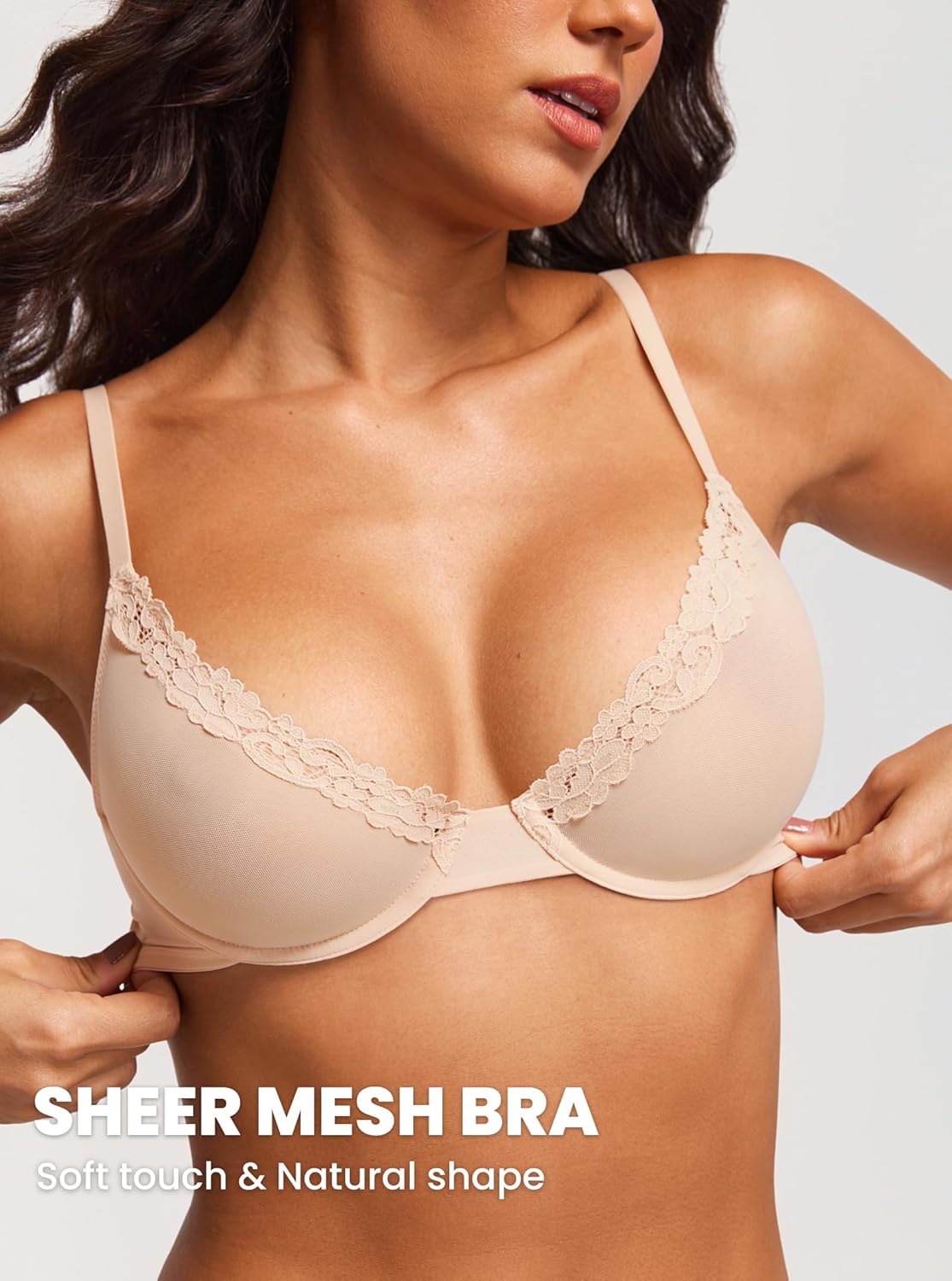 DOBREVA Women's Mesh Balconette Bra Sheer Demi Underwire Unlined Sexy Plus Size Plunge Bras Lace Trim - Image 3