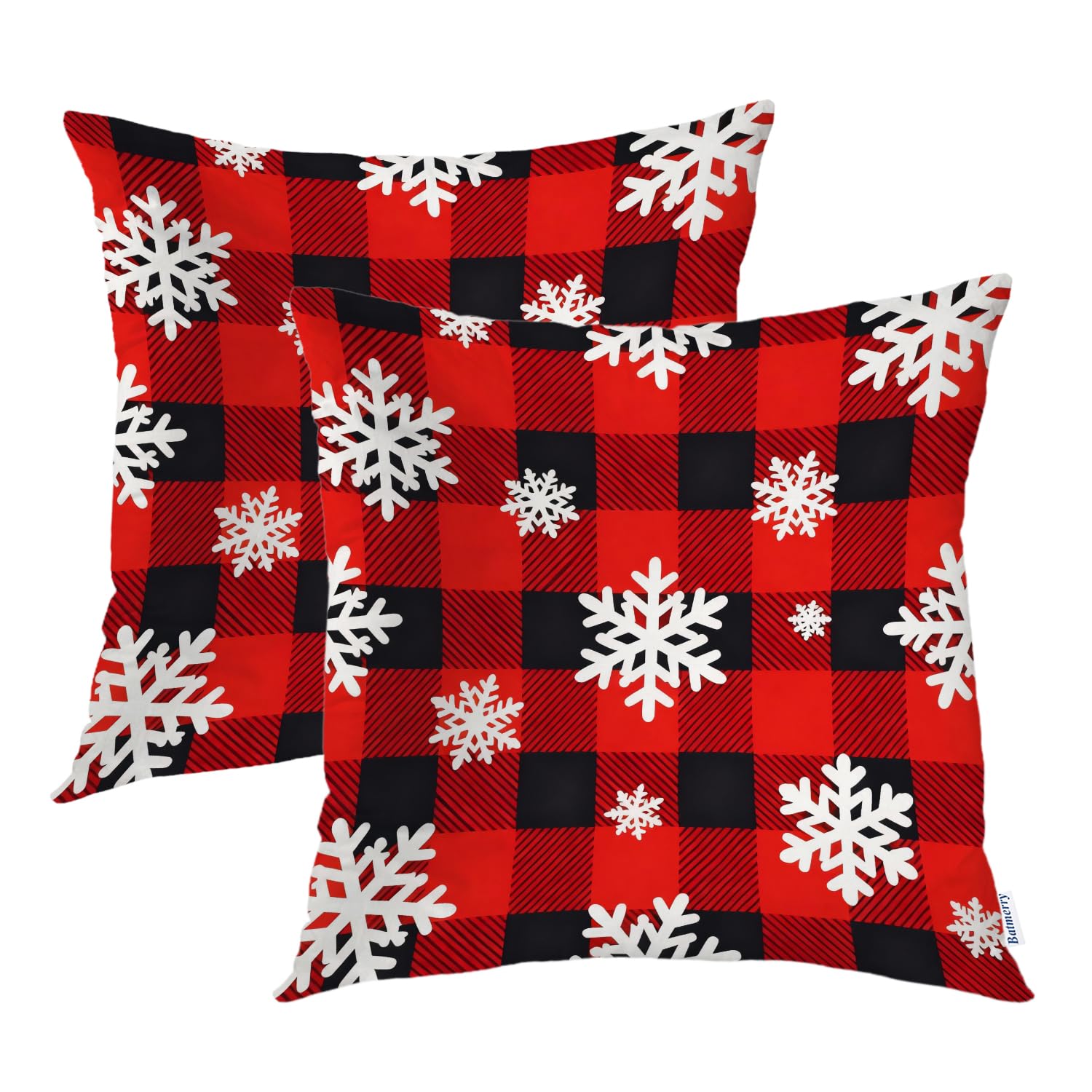 Batmerry Christmas Red Plaid Throw Pillow Covers,Snowflakes On Buffalo Plaid Decorative Pillow Covers Digital Printing Blended Fabric for Couch Sofa